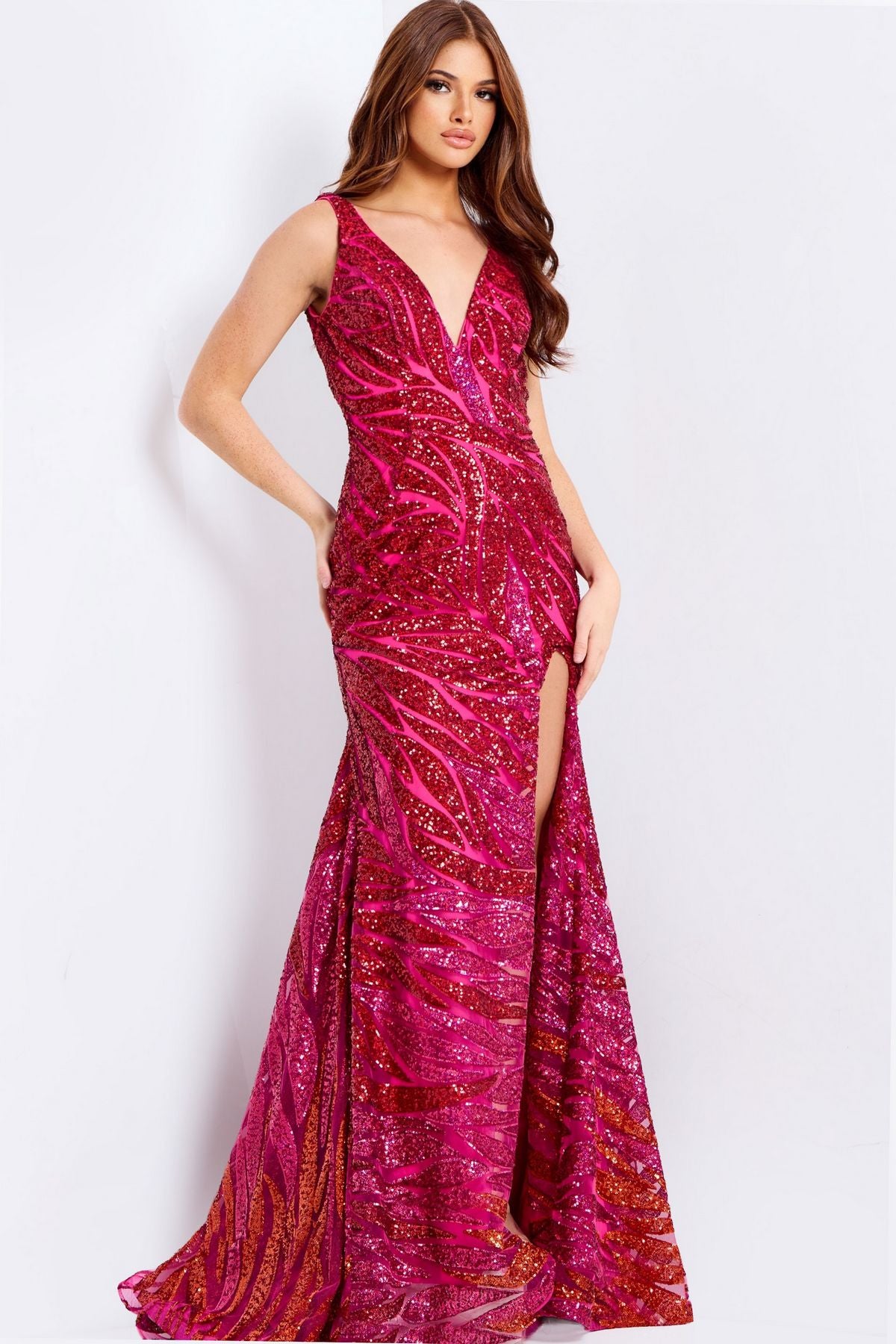 Jovani 47682 Sequin Fitted Long Formal Prom Dress - Irredescent Hot Pink / 8 Jovani 47682 Sequin Fitted Long Formal Prom Dress - Irredescent Hot Pink / 8