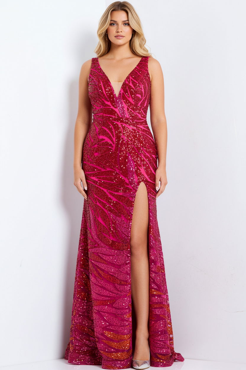 Prom Dresses Sequin Fitted Glitted Long Formal Fitted Evening Prom Dress Irredescent Hot Pink