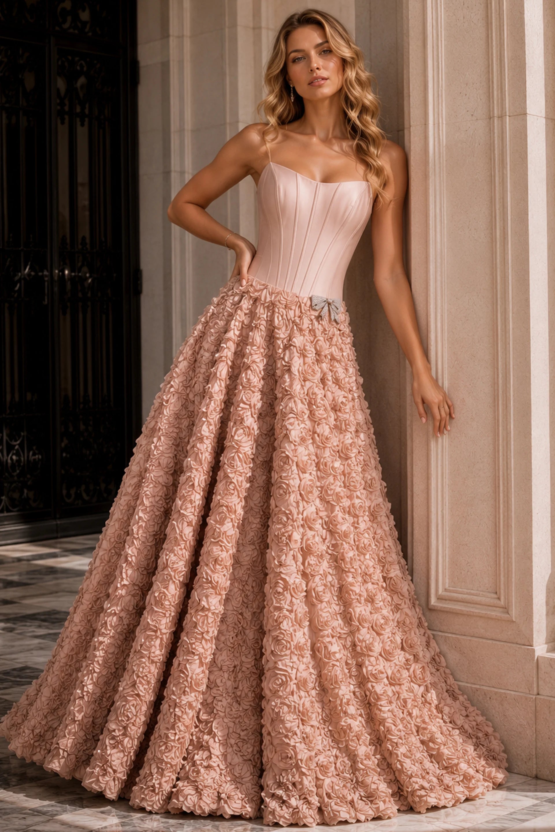 Prom Dresses Long Formal 3D Floral Ball Gown Prom Dress Blush