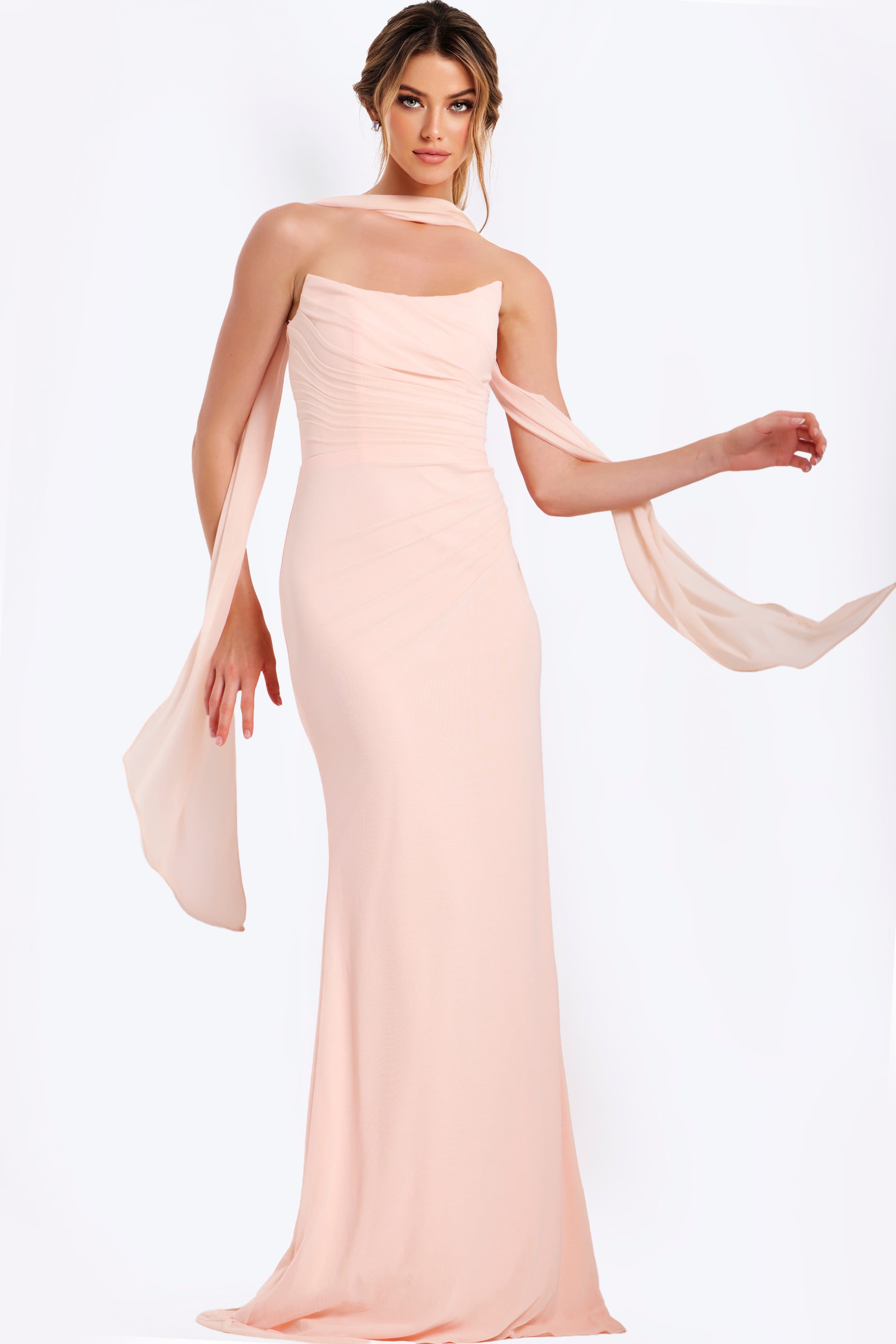 Blush Strapless Floor-Length Chiffon Prom Dress with Ruched Bodice and Scarf Jovani 47874