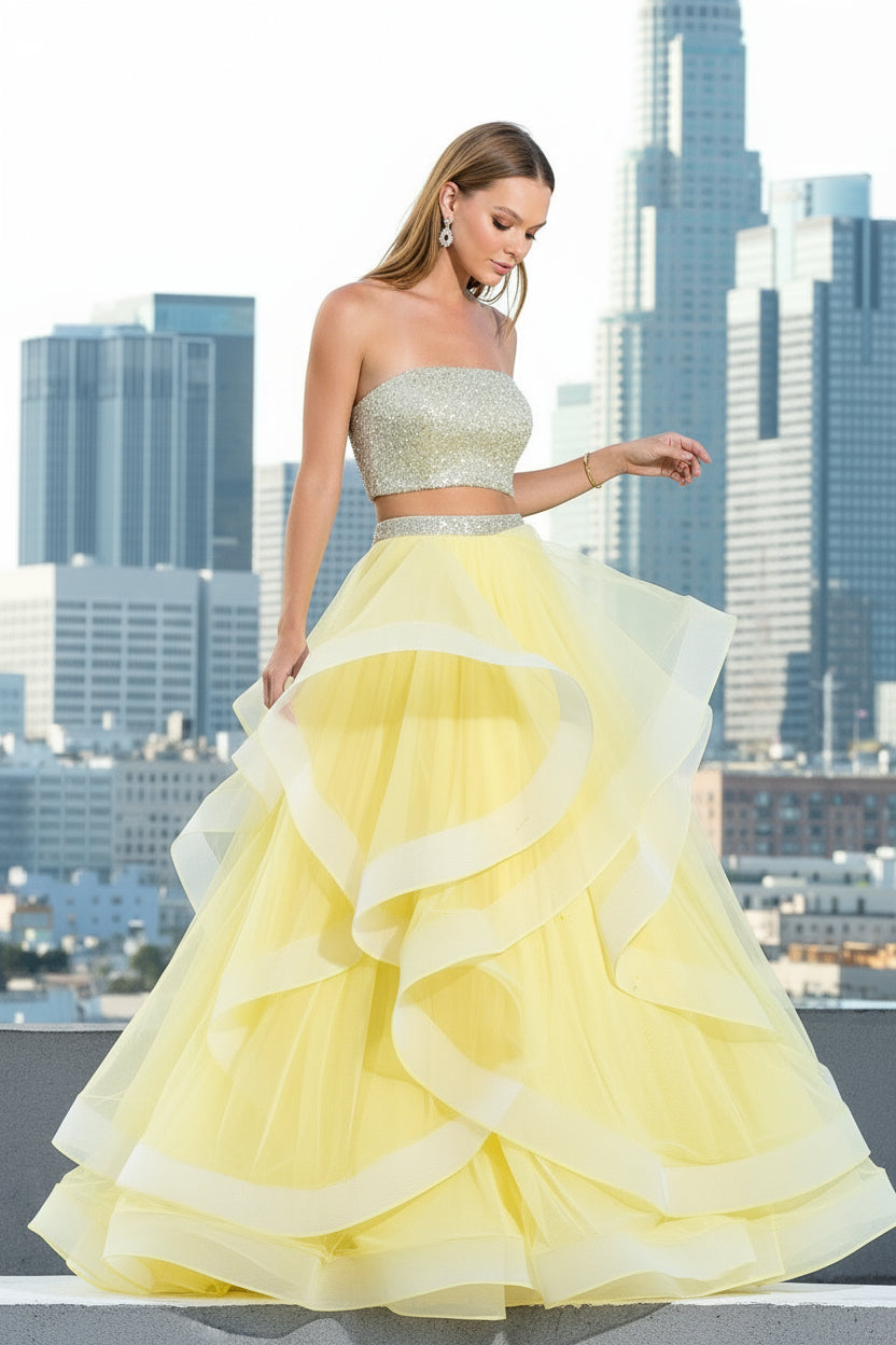 Prom Dresses Long Ball Gown Two Piece Formal Beaded Ruffle Prom Dress Banana/Silver