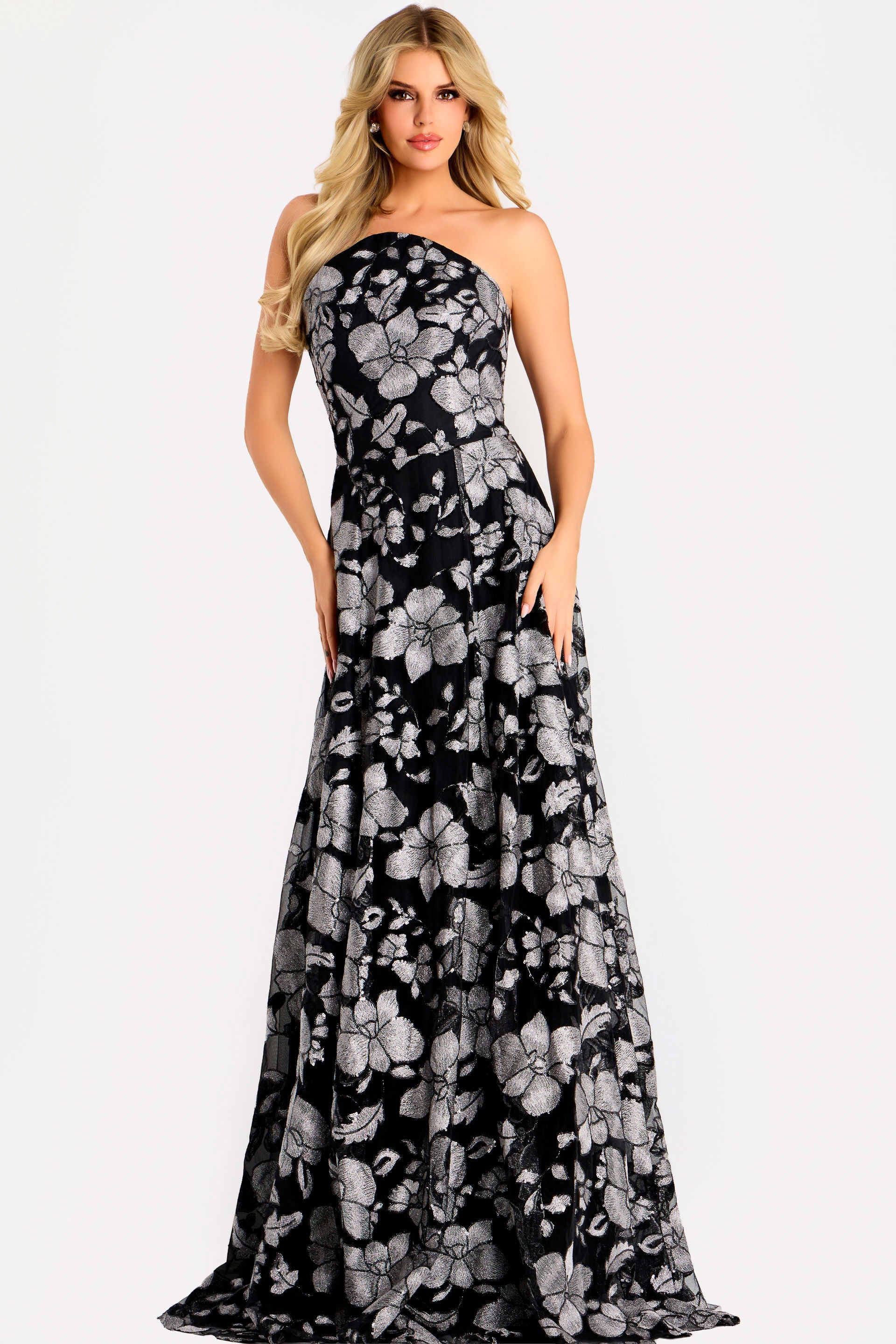 Prom Dresses A Line Long Formal Metallic Floral Prom Dress Jovani 48175  Black/Silver