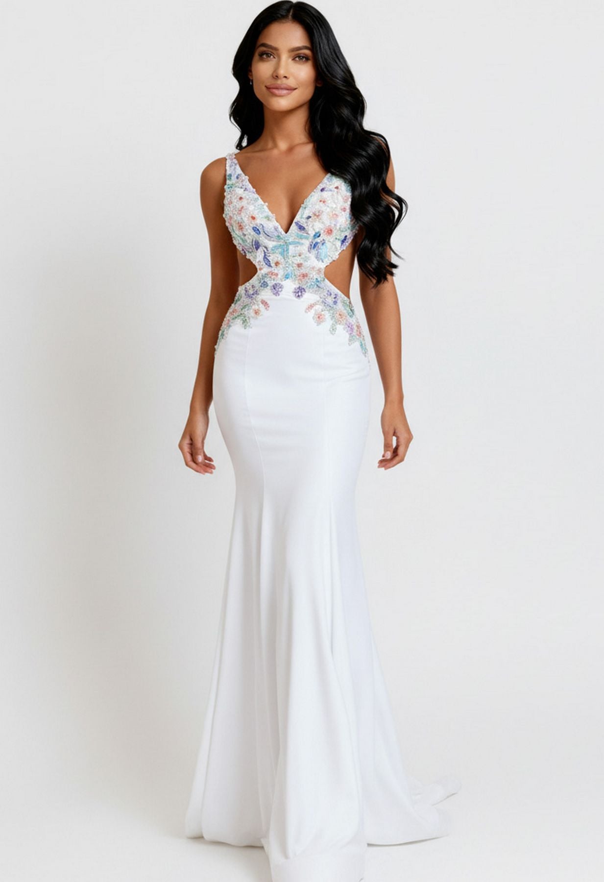 Prom Dresses Long Formal Beaded Floral Prom Dress Off White/Multi