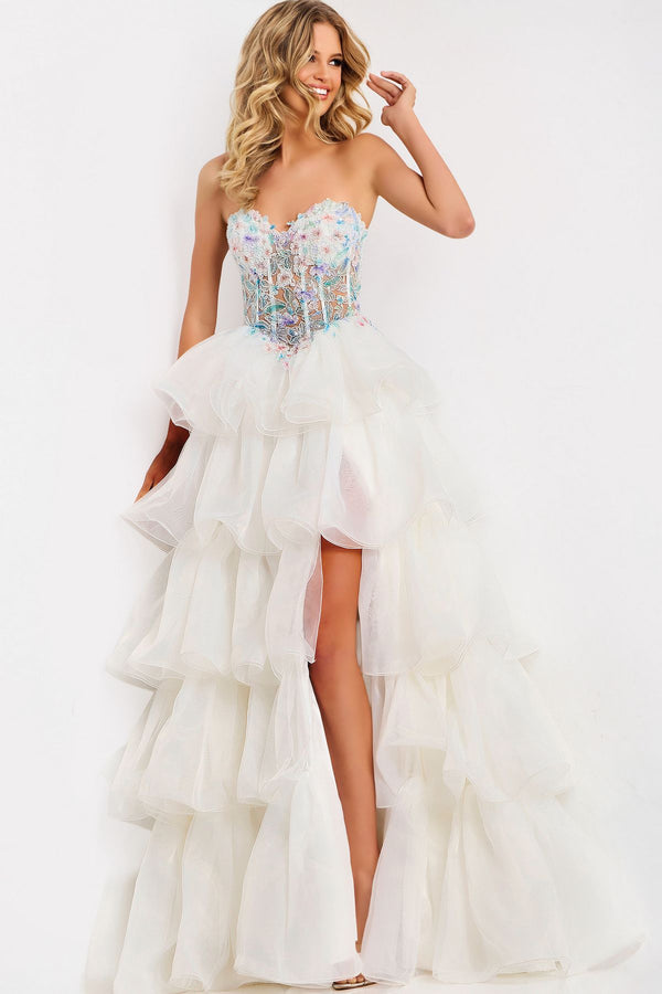 Jovani 48177 Floral Long Formal Ruffle Corset Beaded Prom Dress