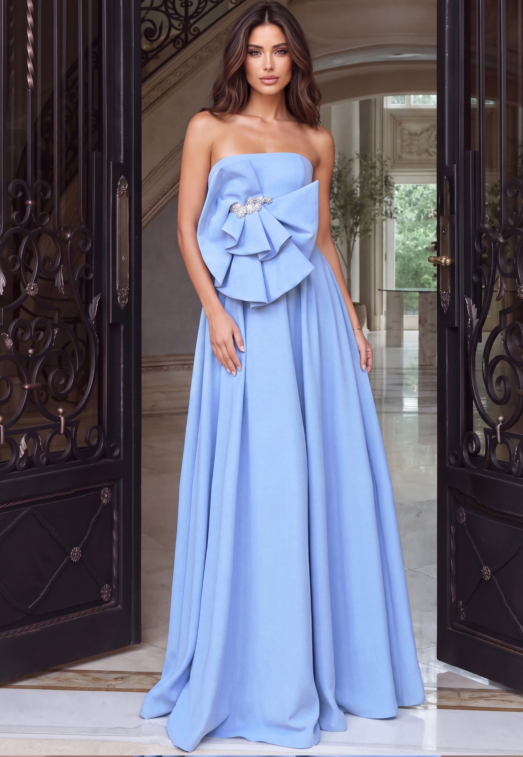 Strapless Curved Neck Floor-Length Satin Occasion A-Line Jovani 48196