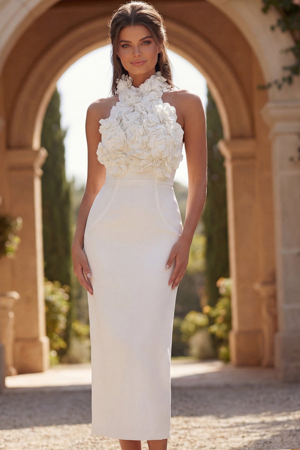 High Halter Floor-Length Crepe Bridal Sculpted Column Gown Jovani 48214