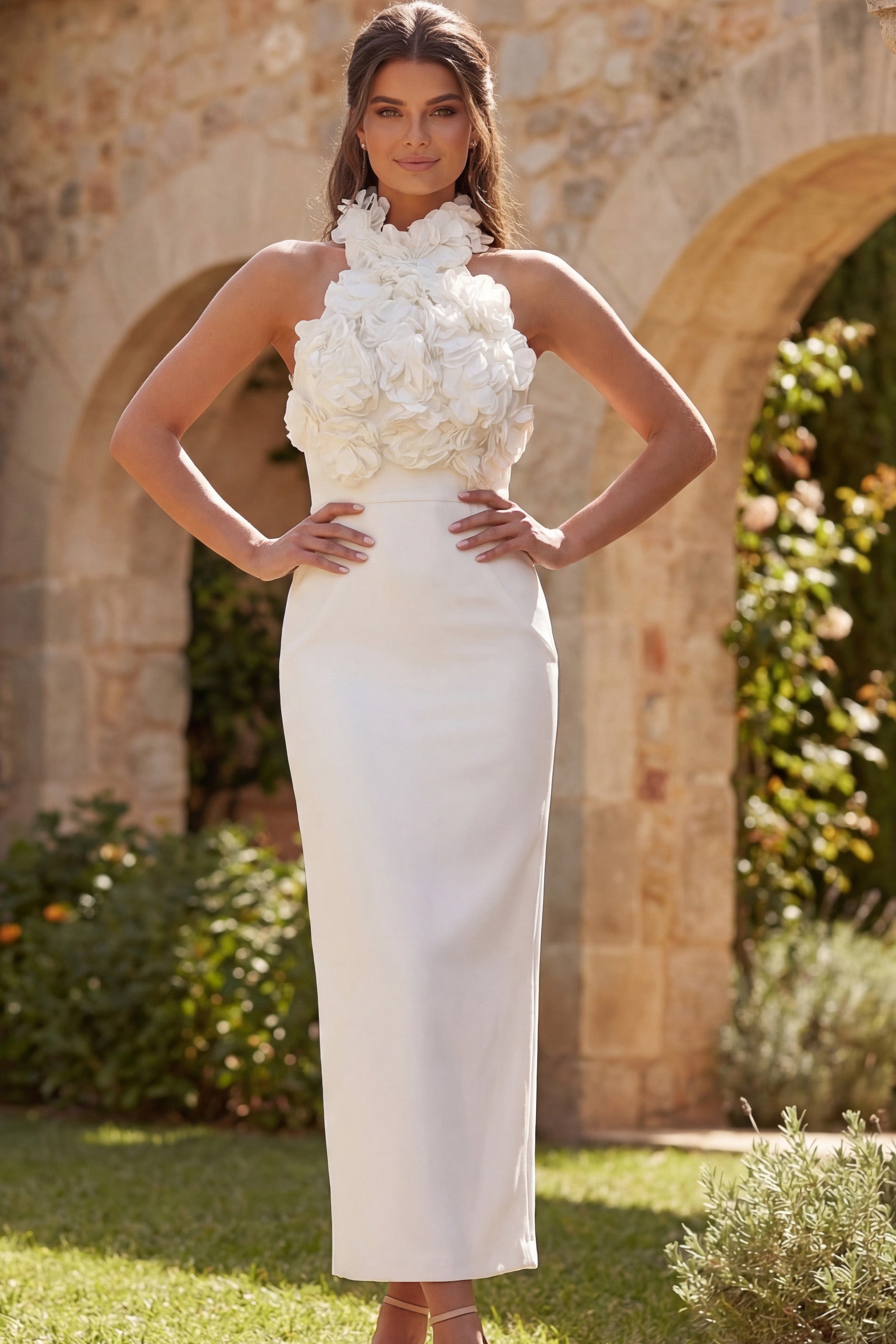 Off White High Halter Floor-Length Crepe Bridal Sculpted Column Gown Jovani 48214