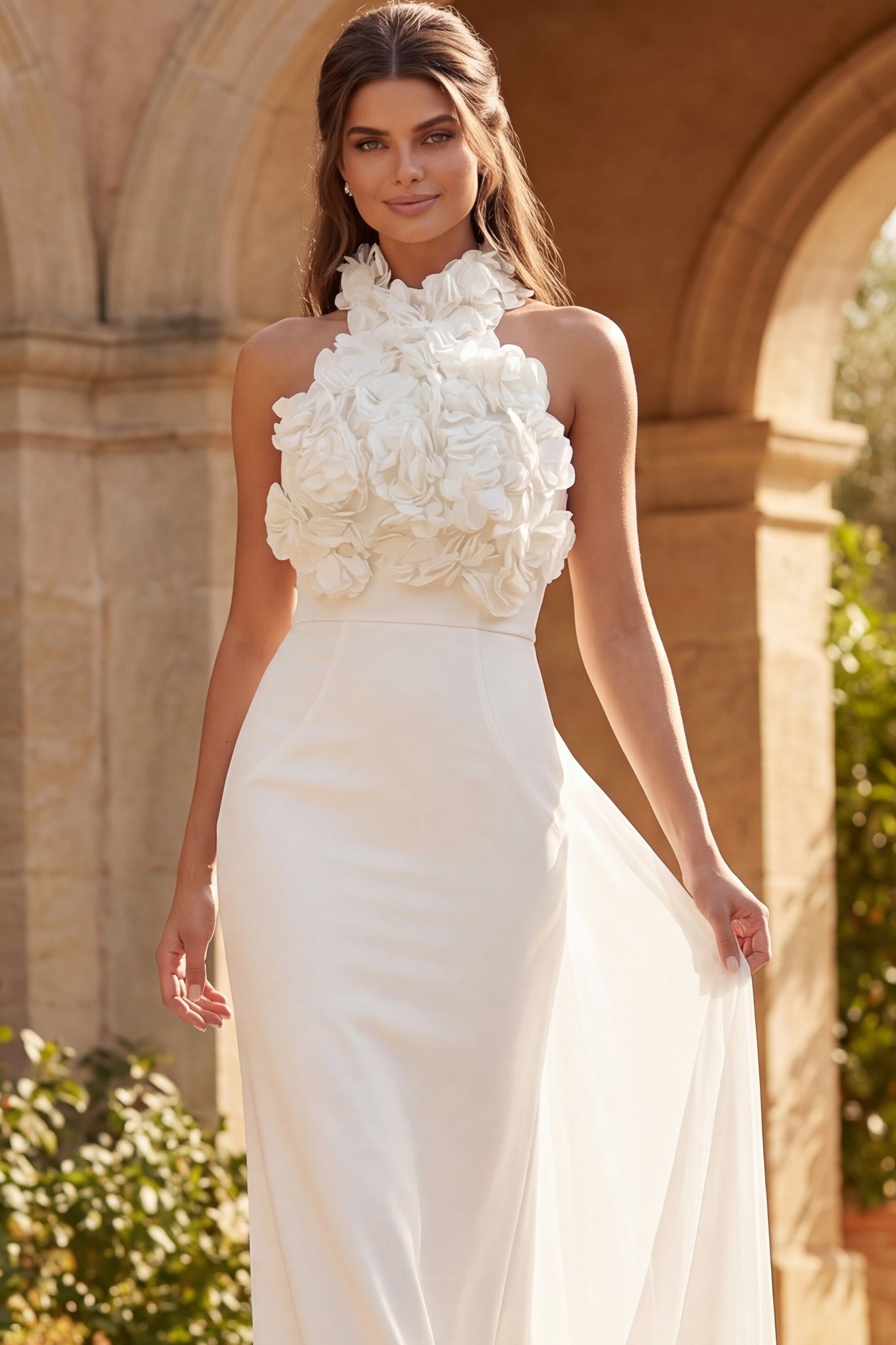 Off White High Halter Floor-Length Crepe Bridal Sculpted Column Gown Jovani 48214