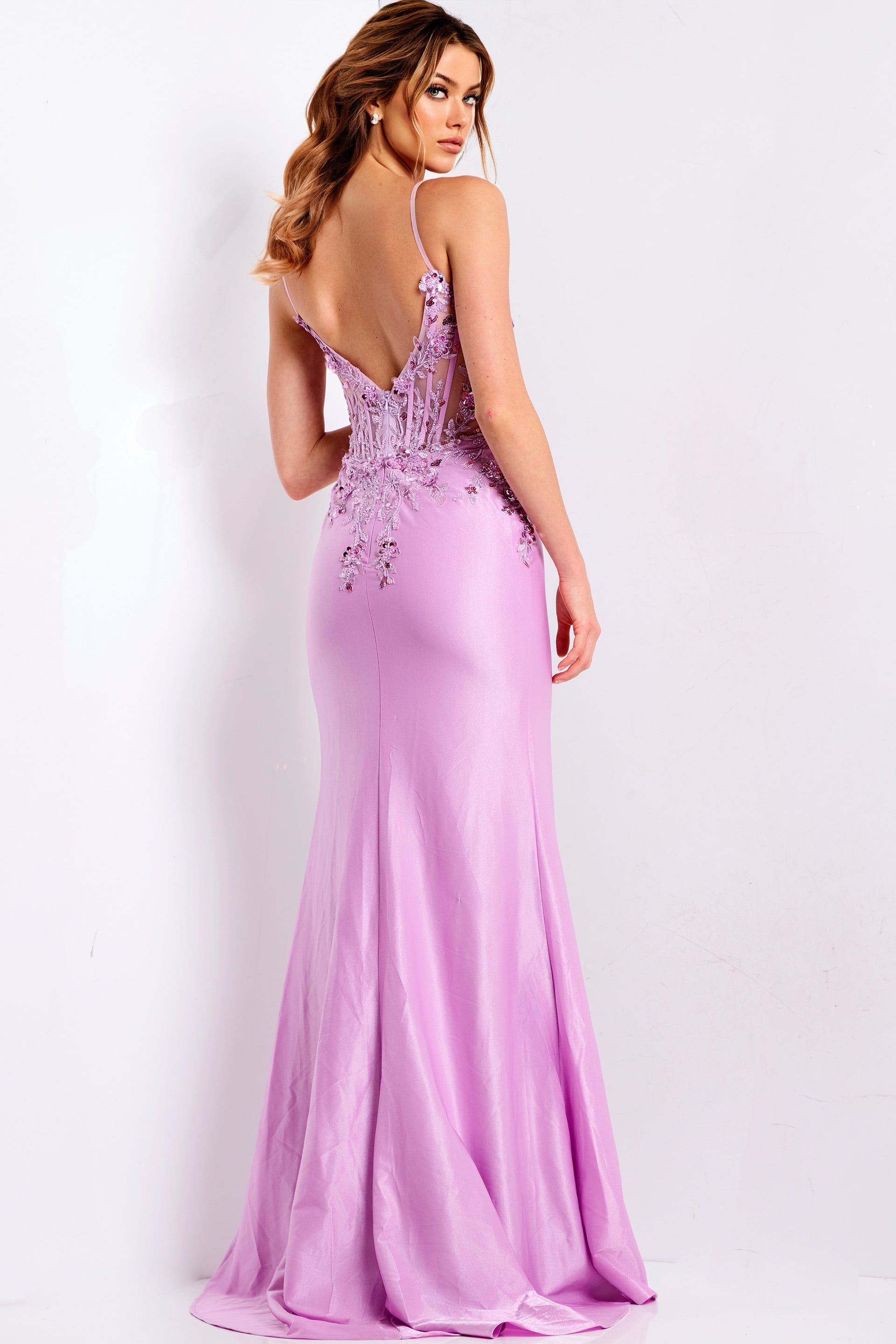 Lilac Sweetheart Neckline Floor-Length Satin Floral Beaded Prom Dress with Sheer Corset Jovani 48315