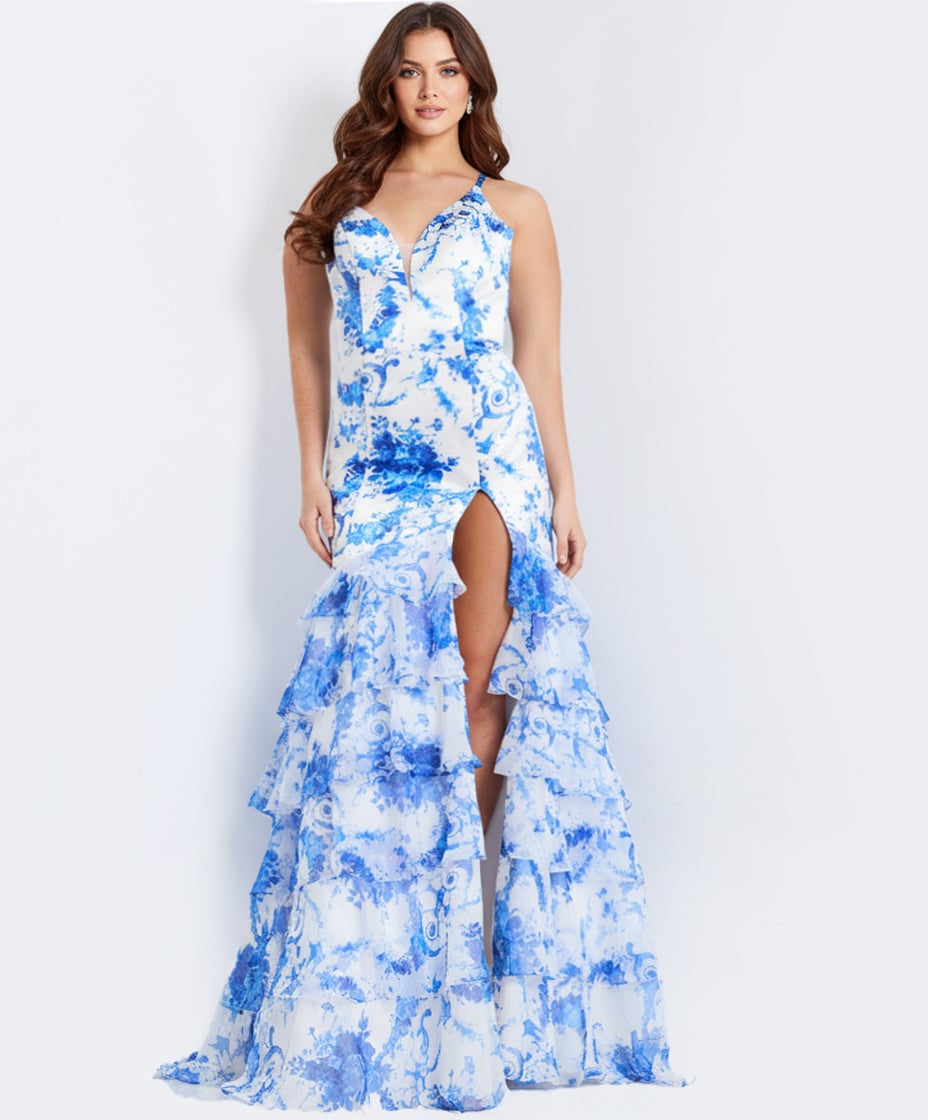 Royal/Print V Neck Floor Length Satin Prom Dress with High Slit Jovani 48331