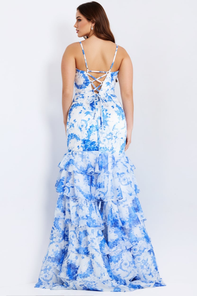 Royal/Print V Neck Floor Length Satin Prom Dress with High Slit Jovani 48331
