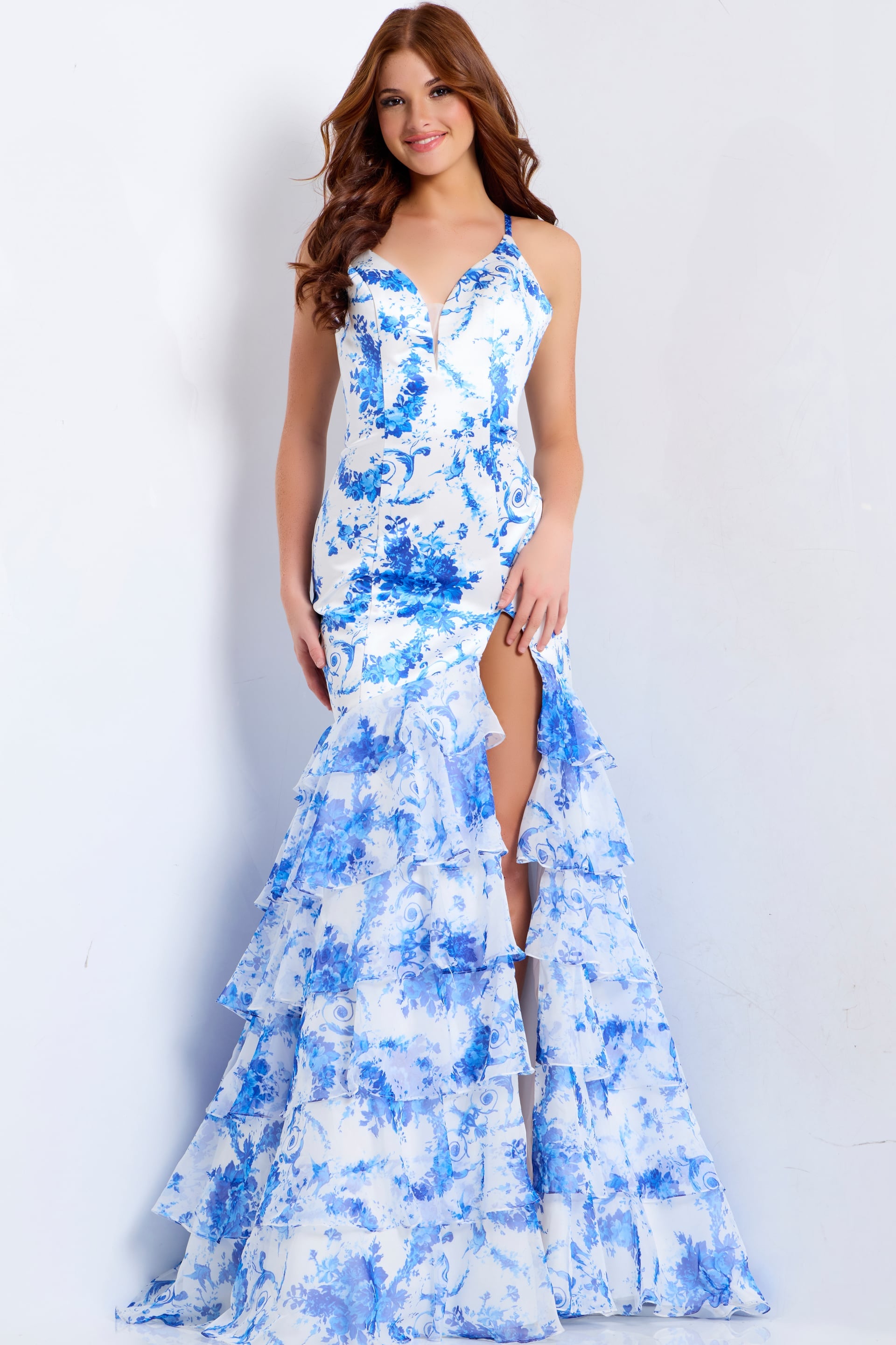 Royal/Print V Neck Floor Length Satin Prom Dress with High Slit Jovani 48331