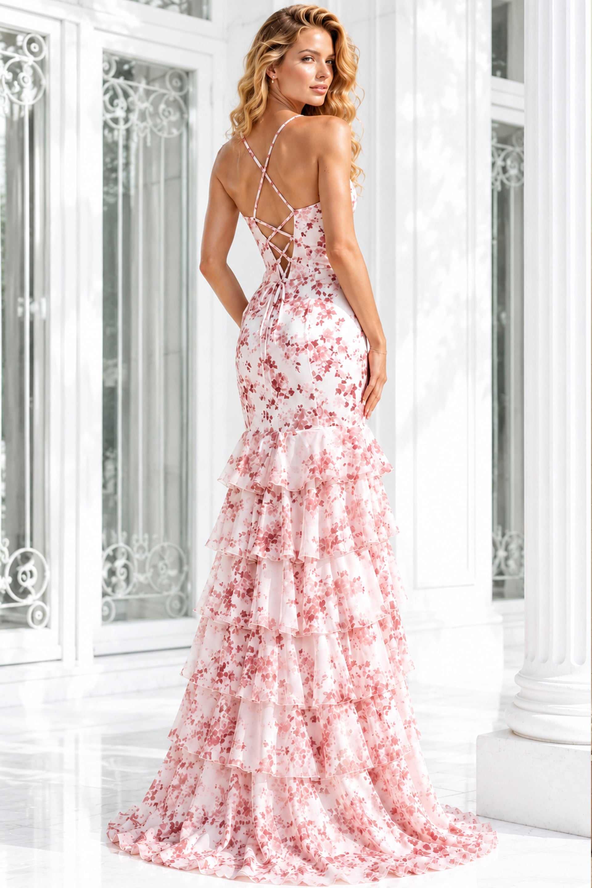 Blush/Print V-Neck Floor-Length Floral Chiffon Prom Dress Tiered High Slit Gown Jovani 48332