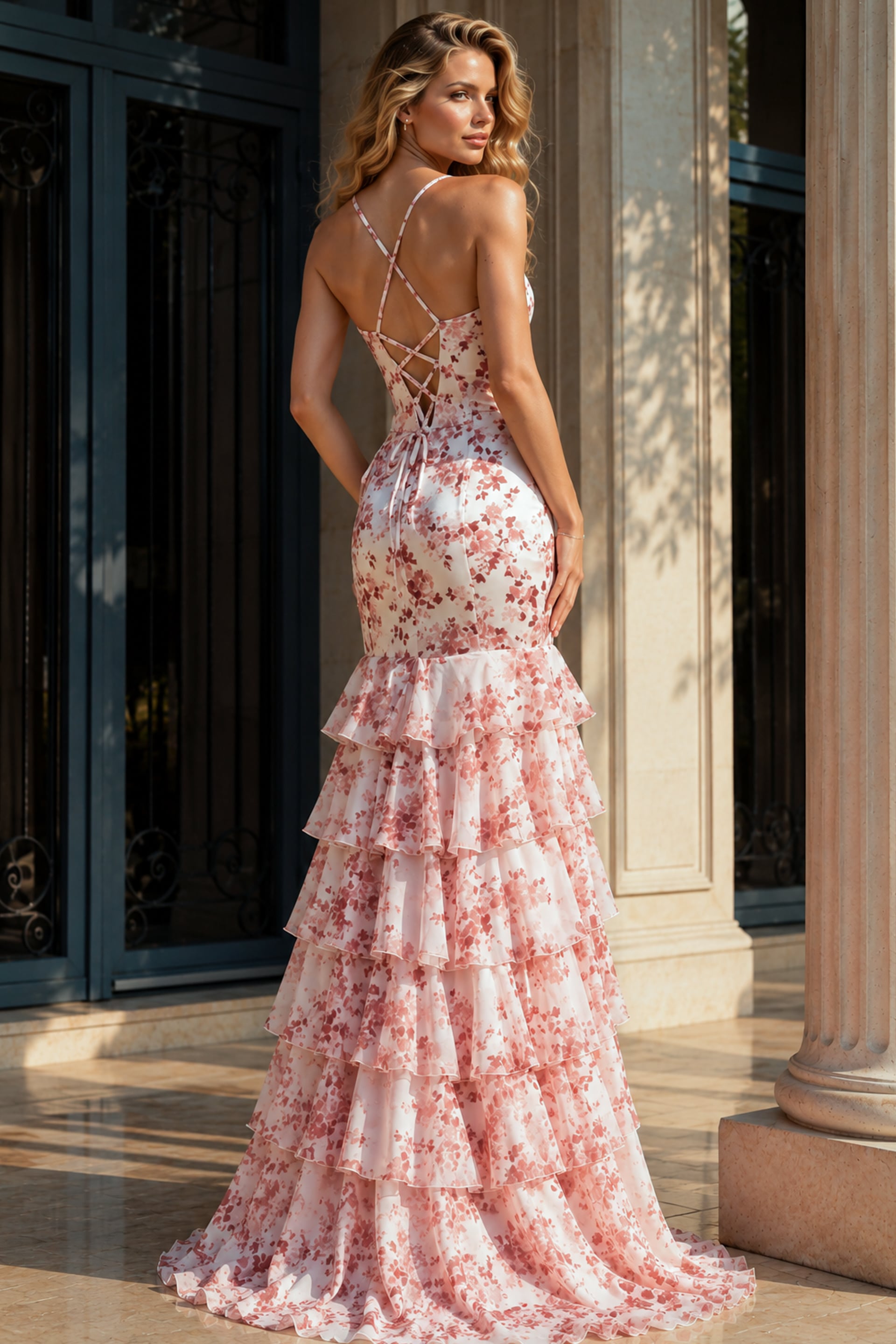 Blush/Print V-Neck Floor-Length Floral Chiffon Prom Dress Tiered High Slit Gown Jovani 48332