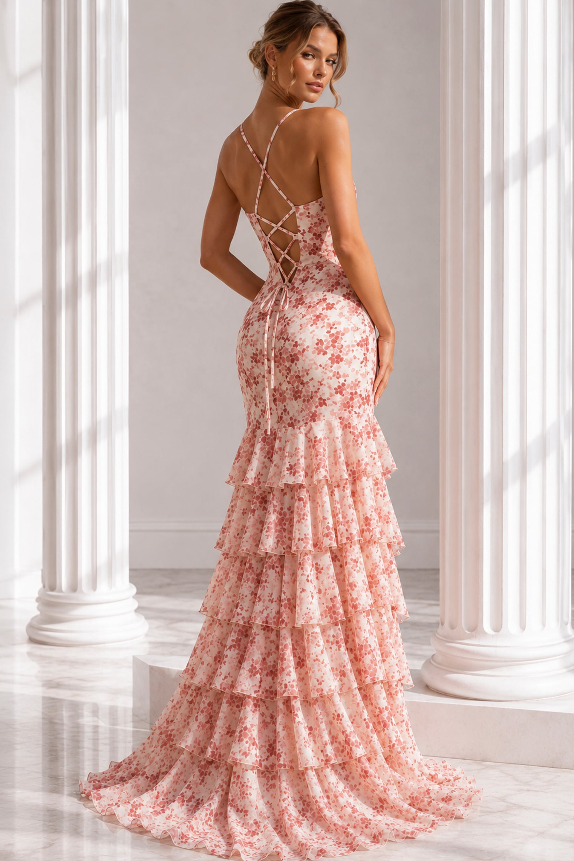 Blush/Print V-Neck Floor-Length Floral Chiffon Prom Dress Tiered High Slit Gown Jovani 48332