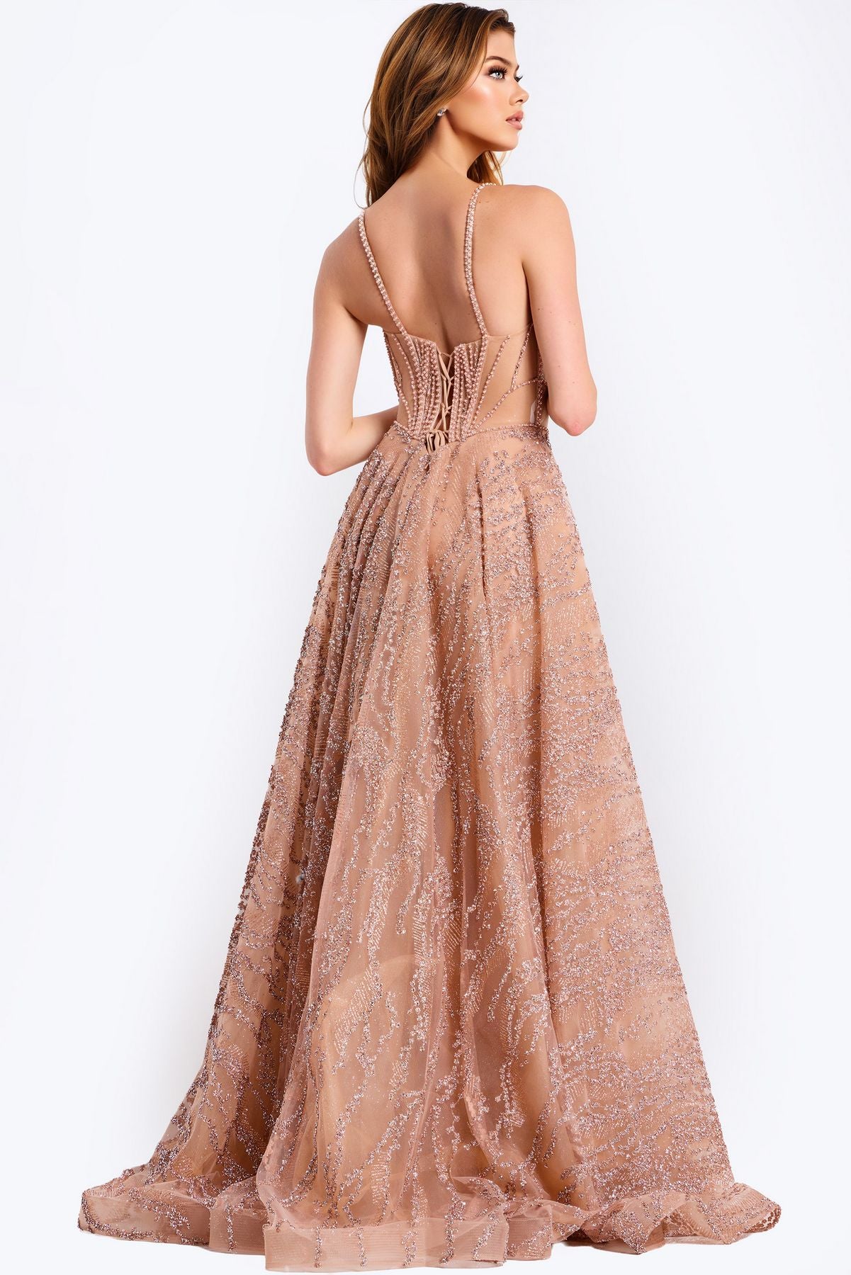 Prom Dresses Long Beaded Formal Corset Prom Dress Silver/Nude