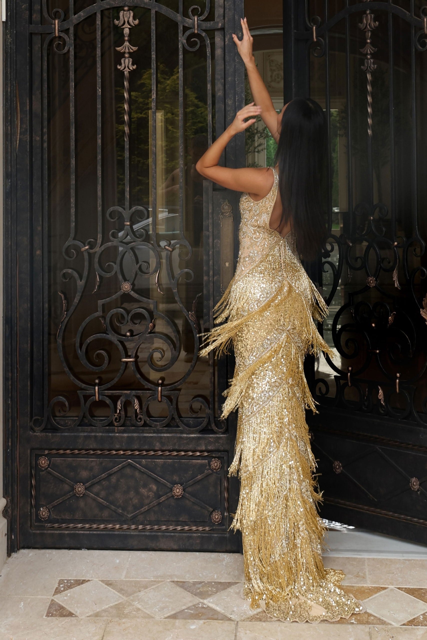Prom Dresses Glitter Beaded Formal Long Evening Prom Dress Gold/Silver