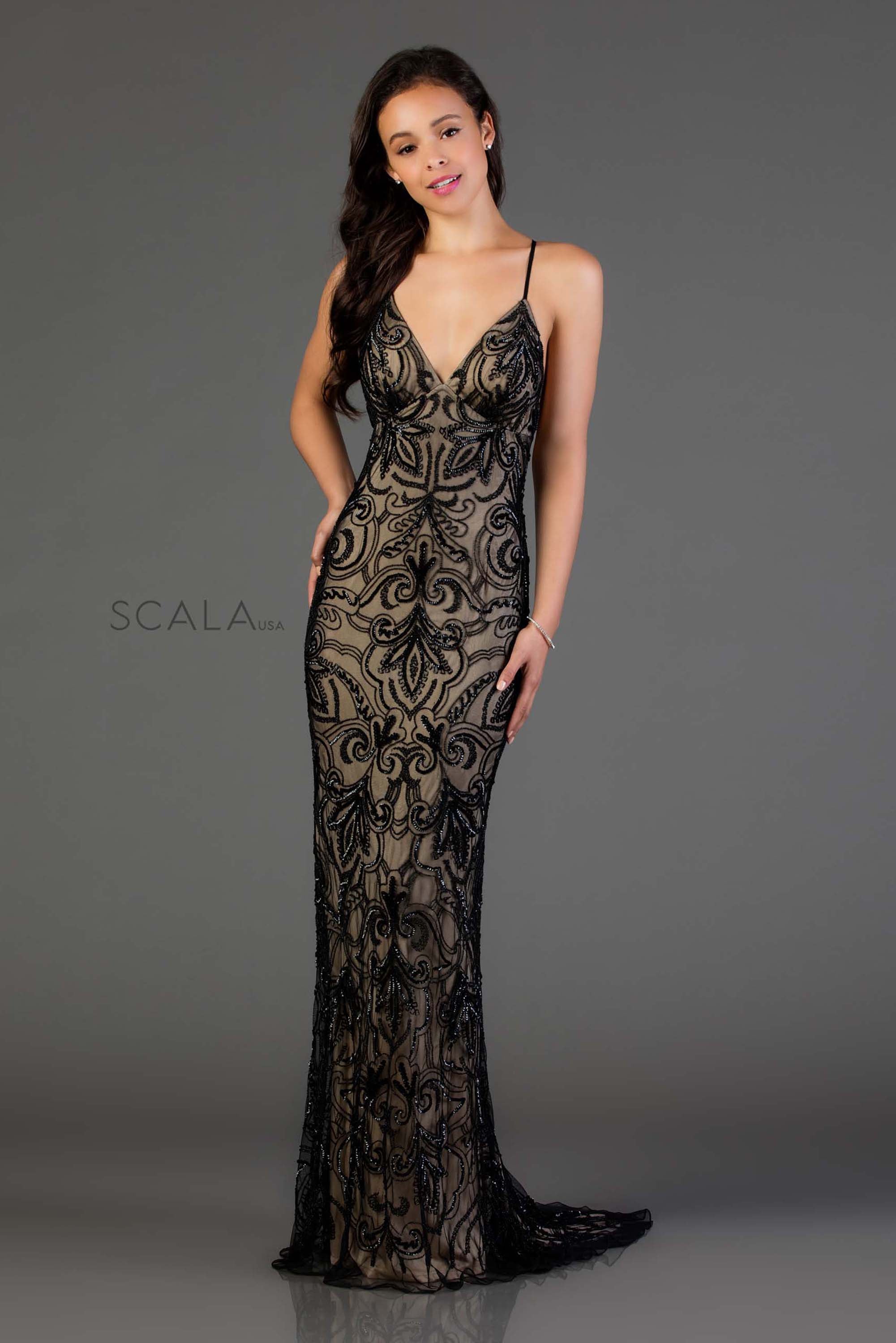 Prom Dresses Fitted Long Sequin Formal Prom Dress Black/Nude