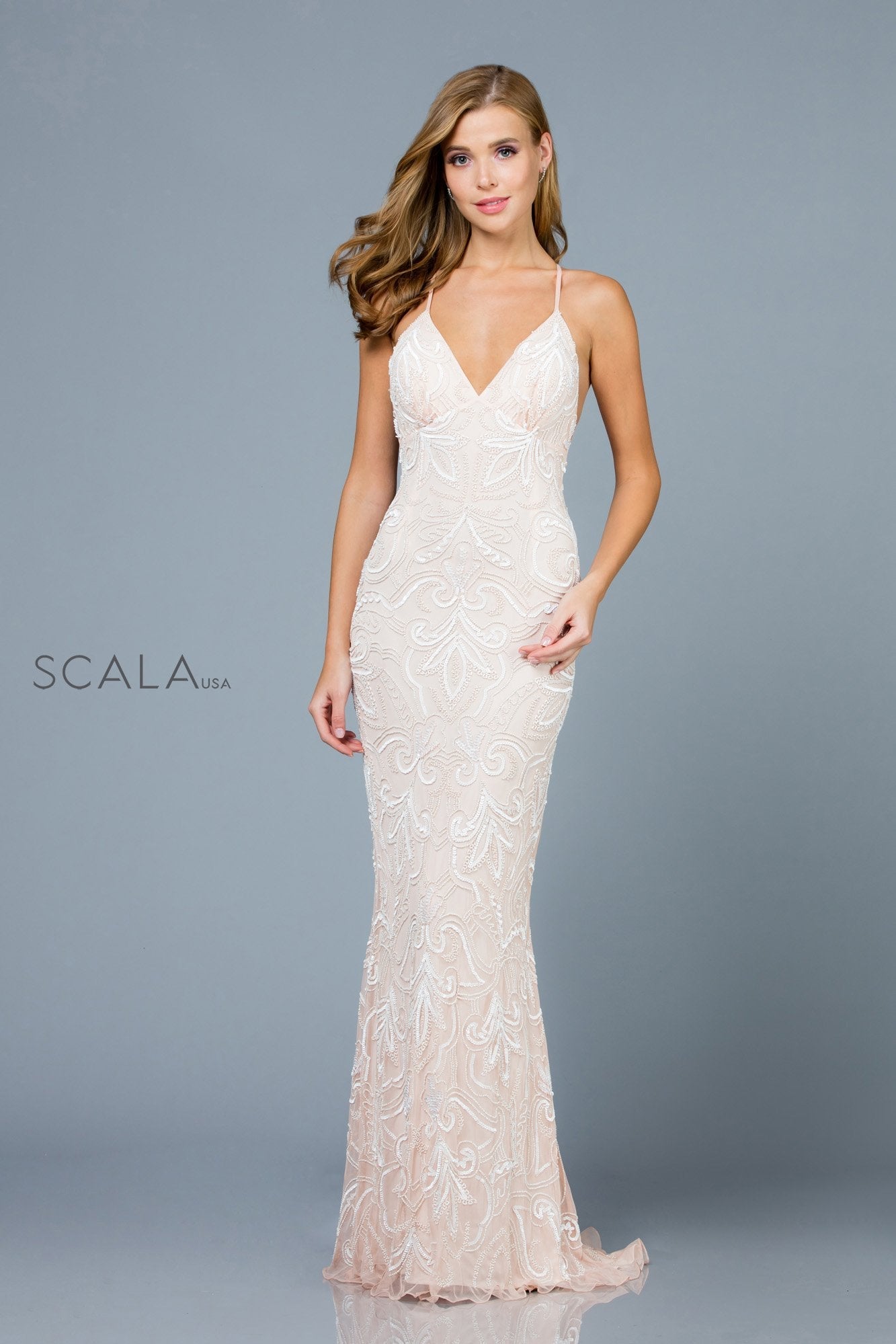 Scala 48557 Fitted Long Sequin Wedding Dress
