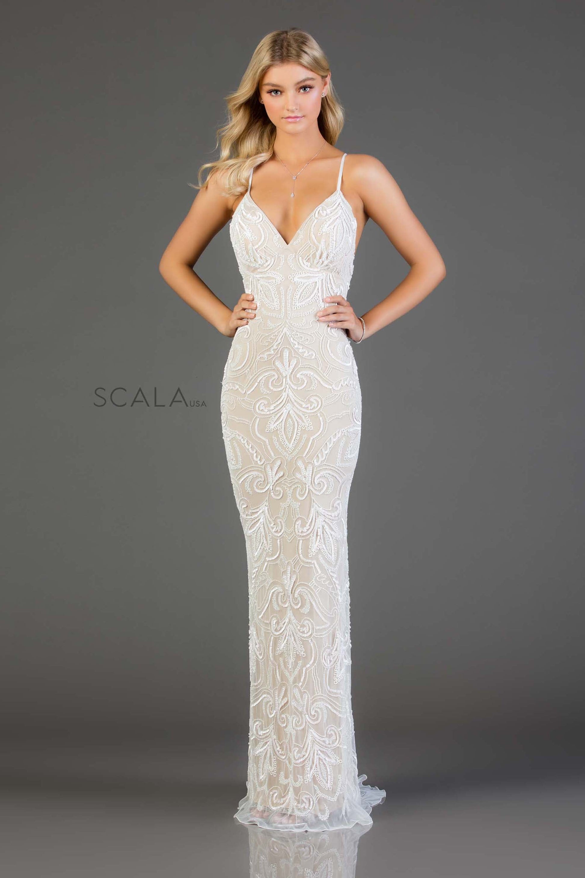 Scala 48557 Fitted Long Sequin Wedding Dress