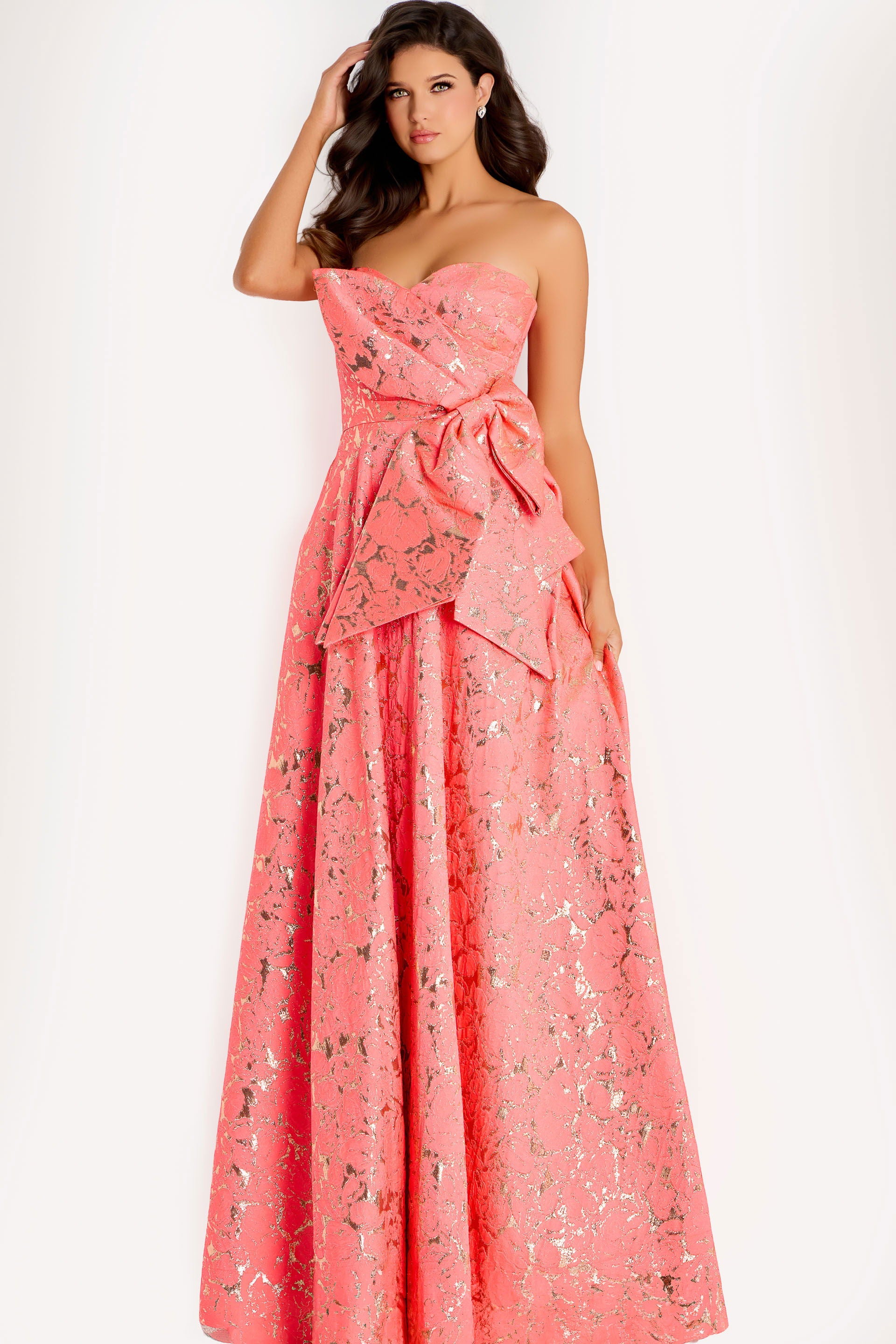 Prom Dresses A Line Long Formal Metallic Pleated Prom Dress Jovani 48657 Coral