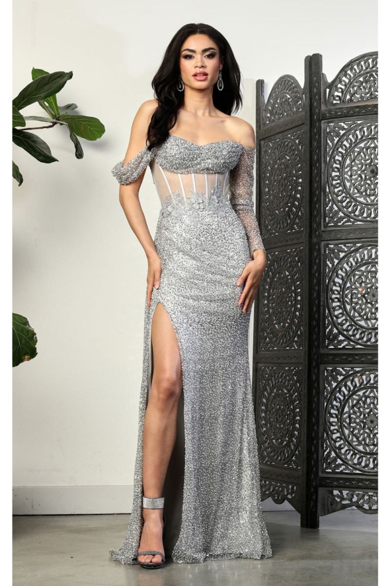 Silver Off-the-Shoulder Floor-Length Prom Dress Corset High Slit May Queen RQ8050