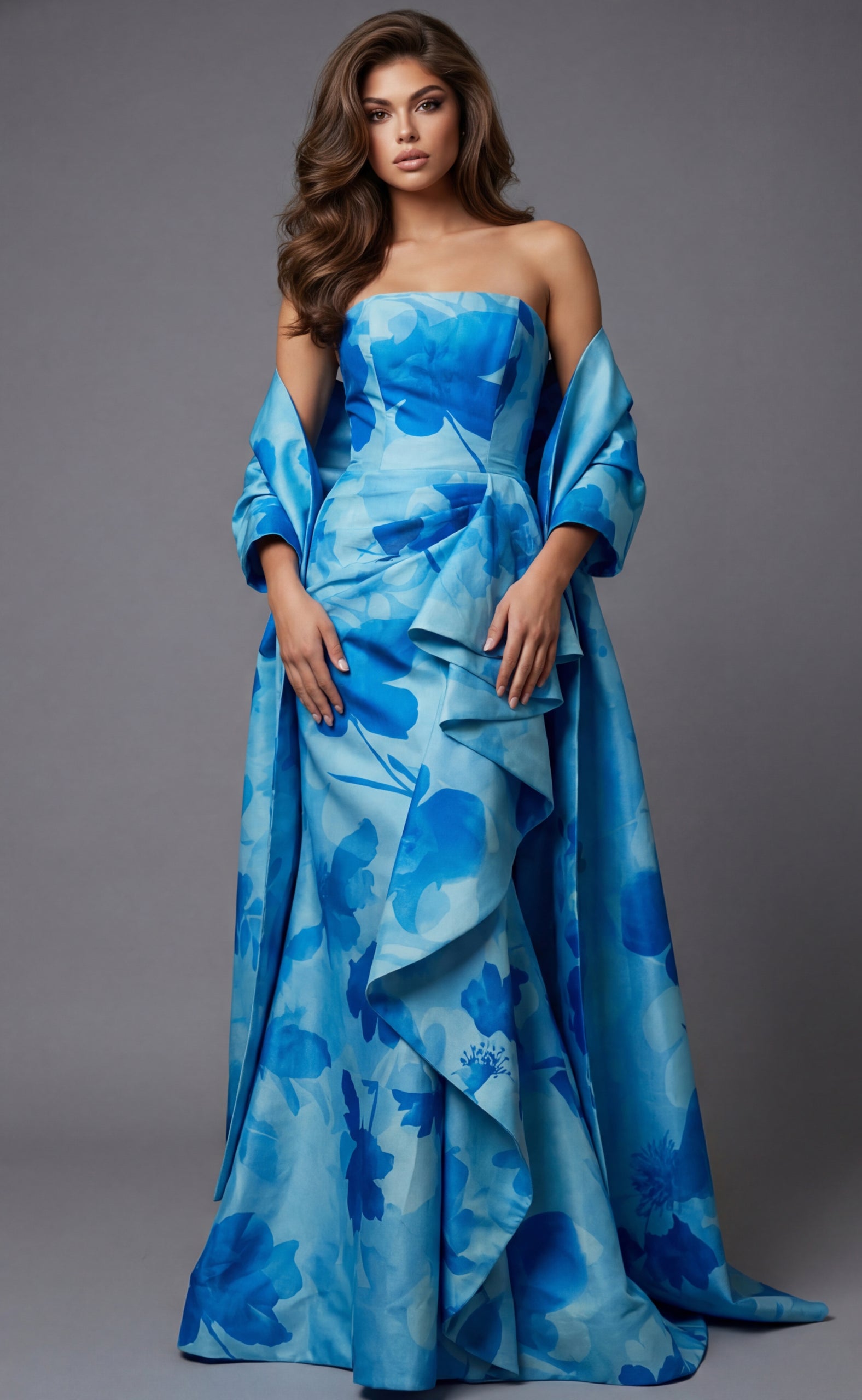 Prom Dresses Long Formal Ruffle Floral Prom Dress Jovani 48705 Blue