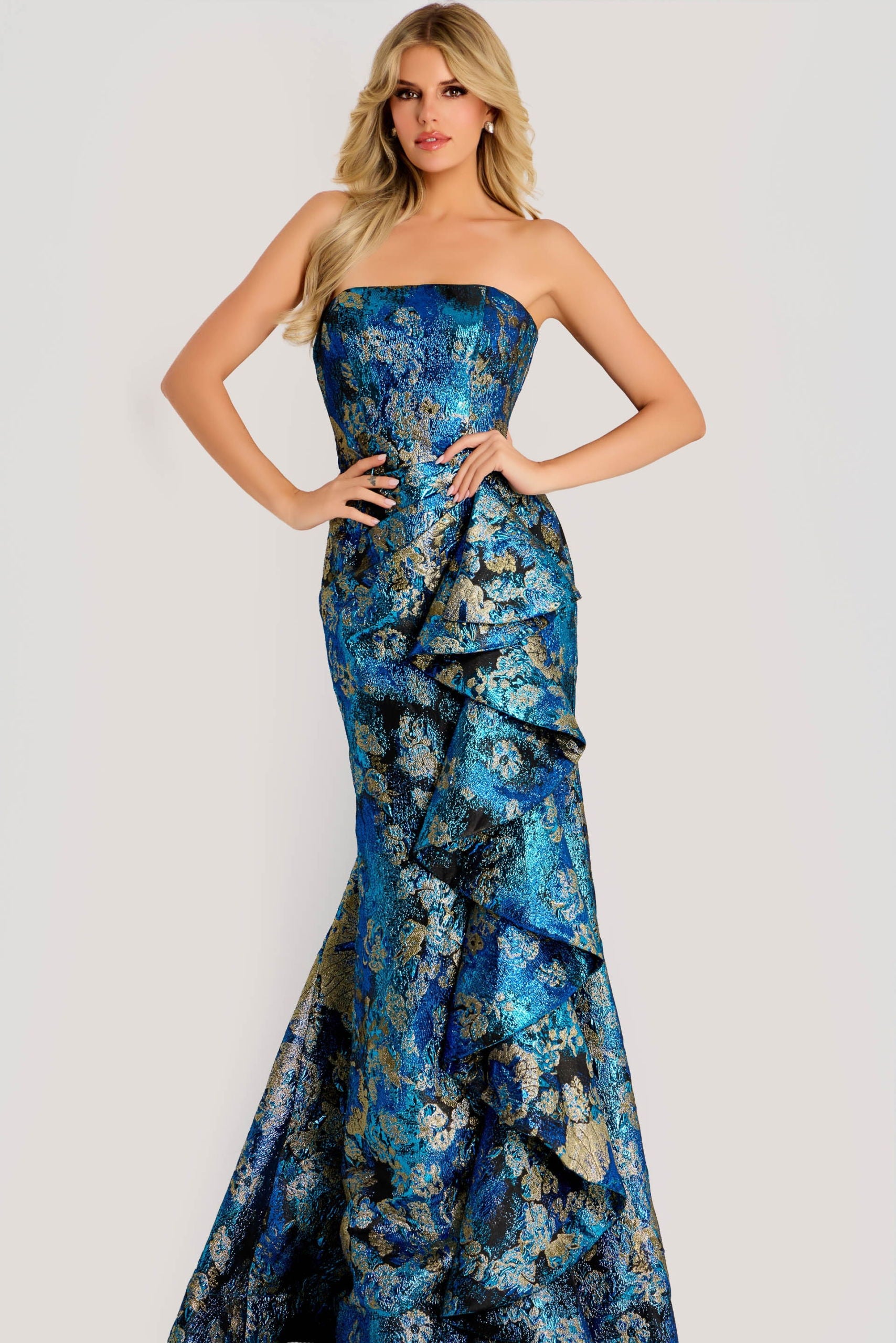 Prom Dresses Ruffle Long Formal Metallic Mermaid Prom Dress Jovani 48706 Blue