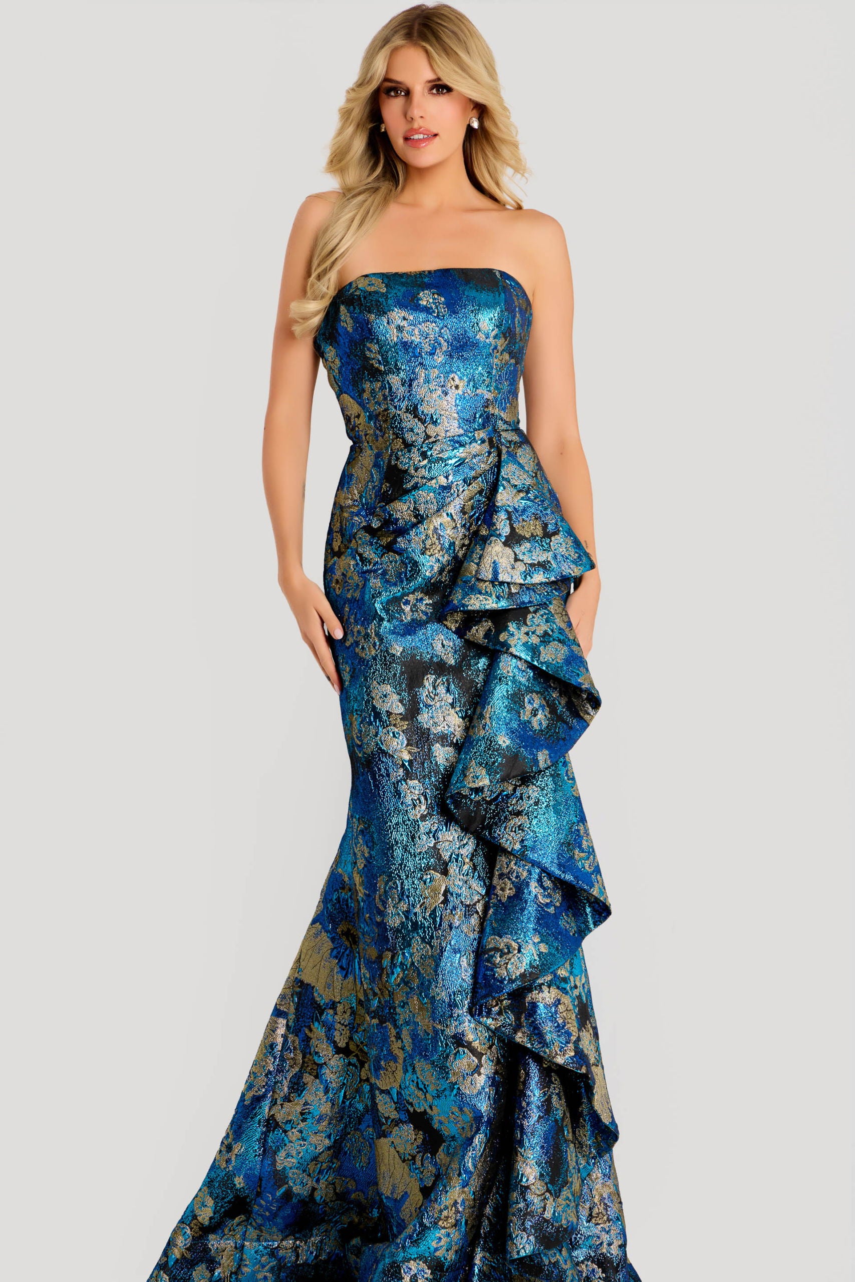 Prom Dresses Ruffle Long Formal Metallic Mermaid Prom Dress Jovani 48706 Blue