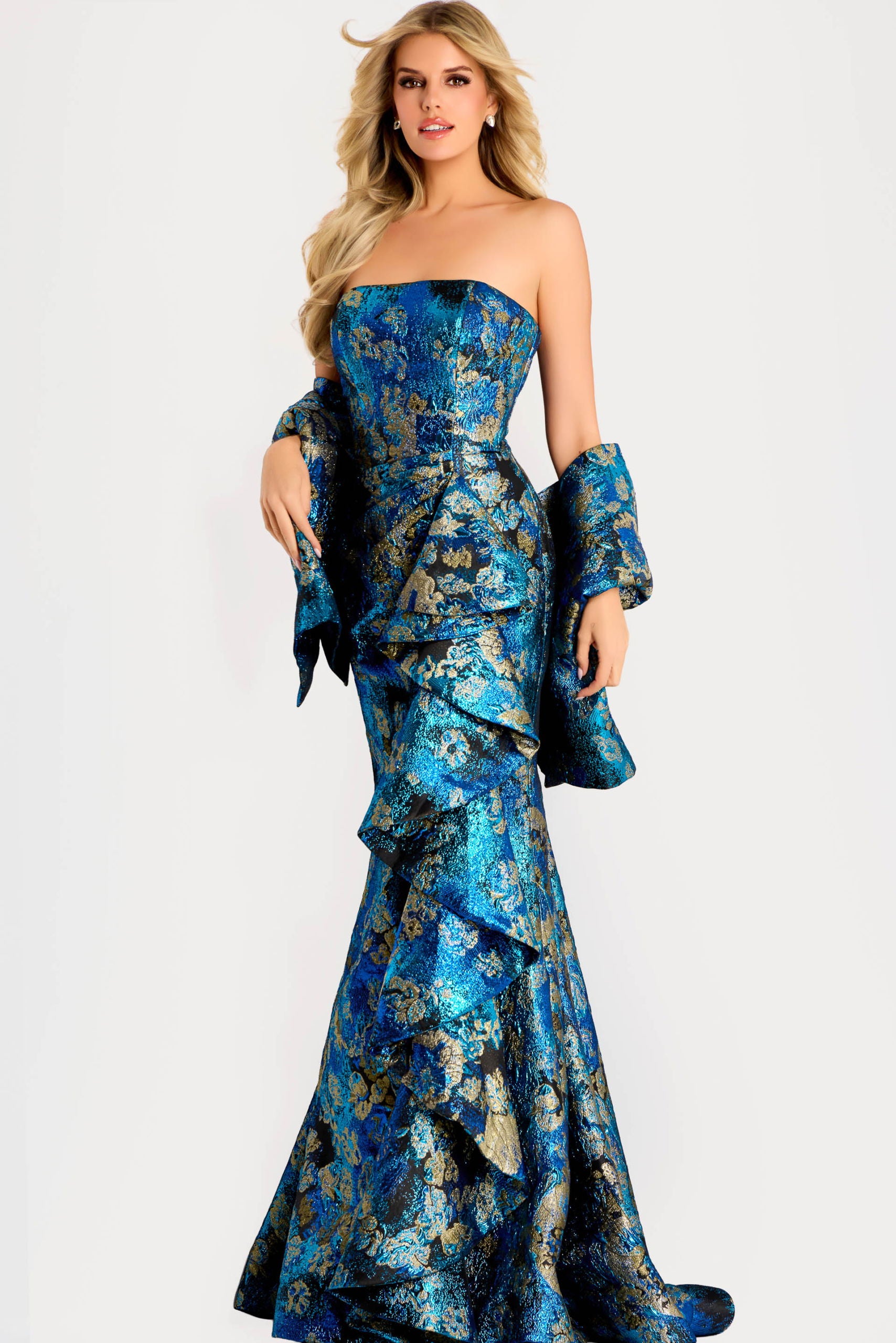 Prom Dresses Ruffle Long Formal Metallic Mermaid Prom Dress Jovani 48706 Blue