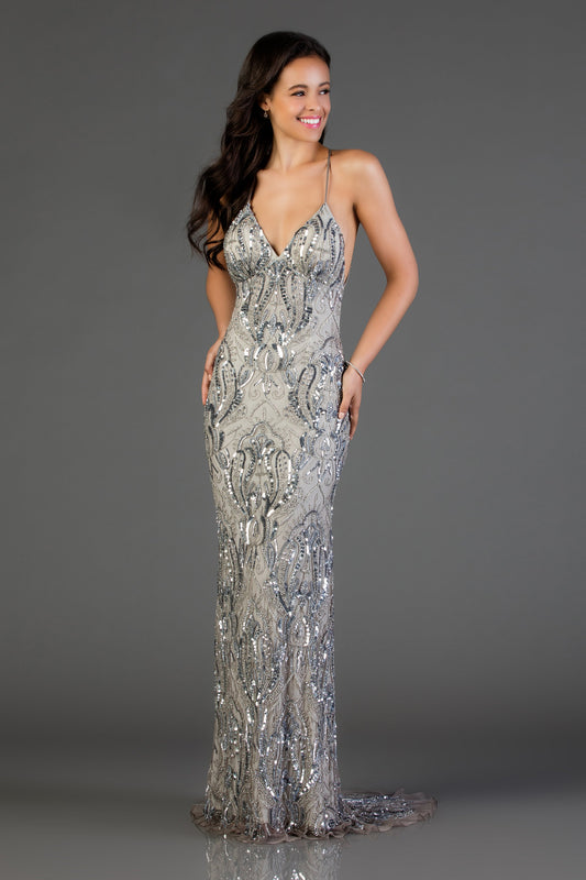 Prom Dresses Long Fitted Formal Prom Beaded Dress Platinum