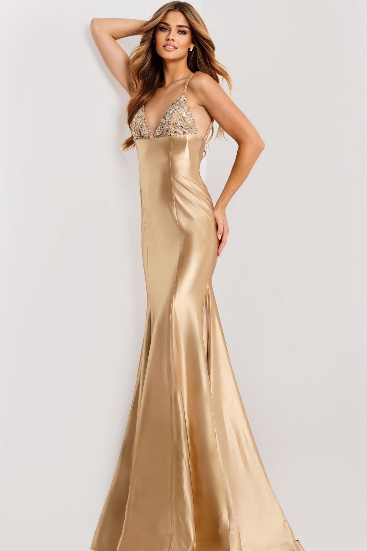 Prom Dresses Long Formal Sequin Beaded Fitted Prom Dress Sand