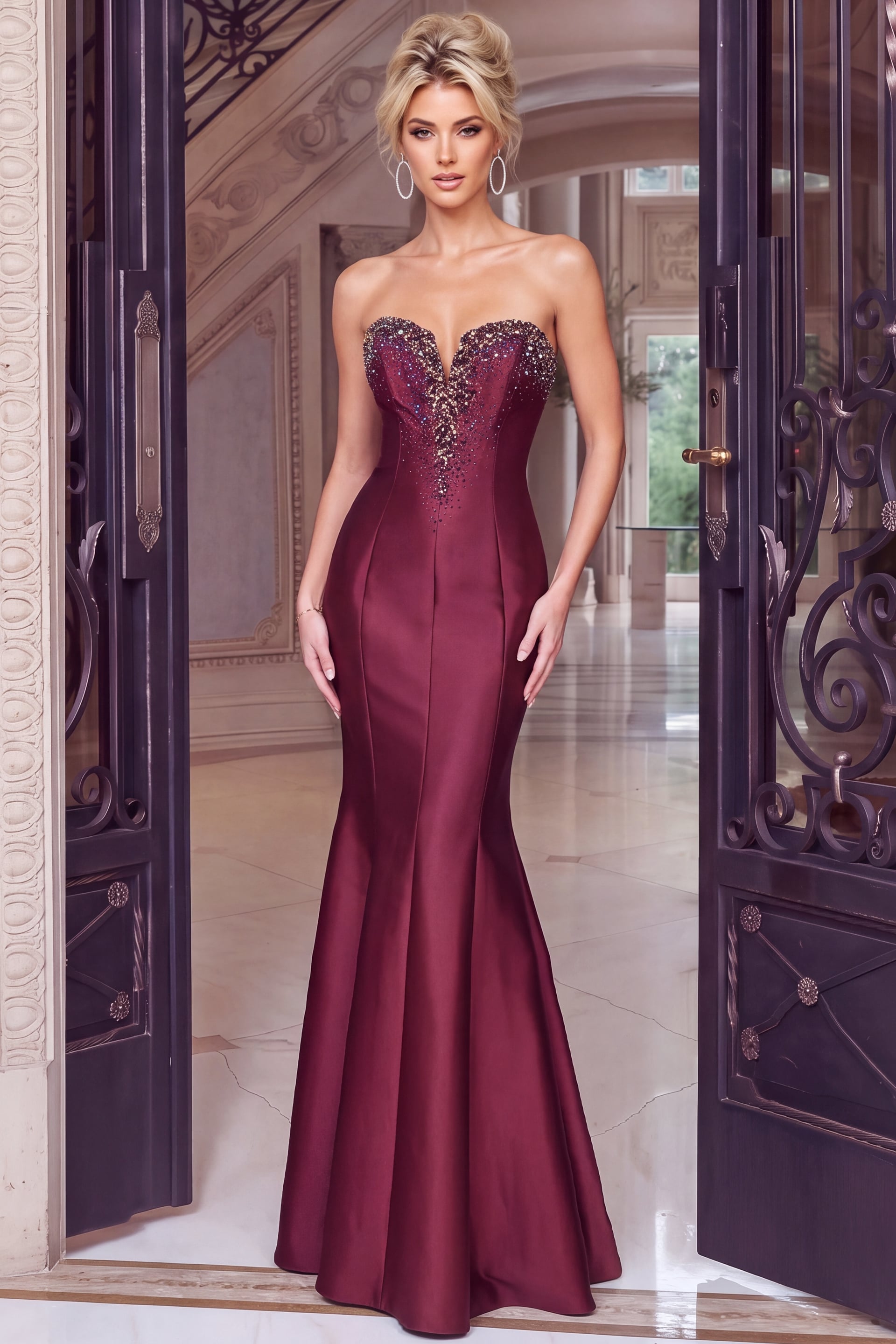 Strapless Curved Neck Floor-Length Satin Formal Mermaid Jovani 48743