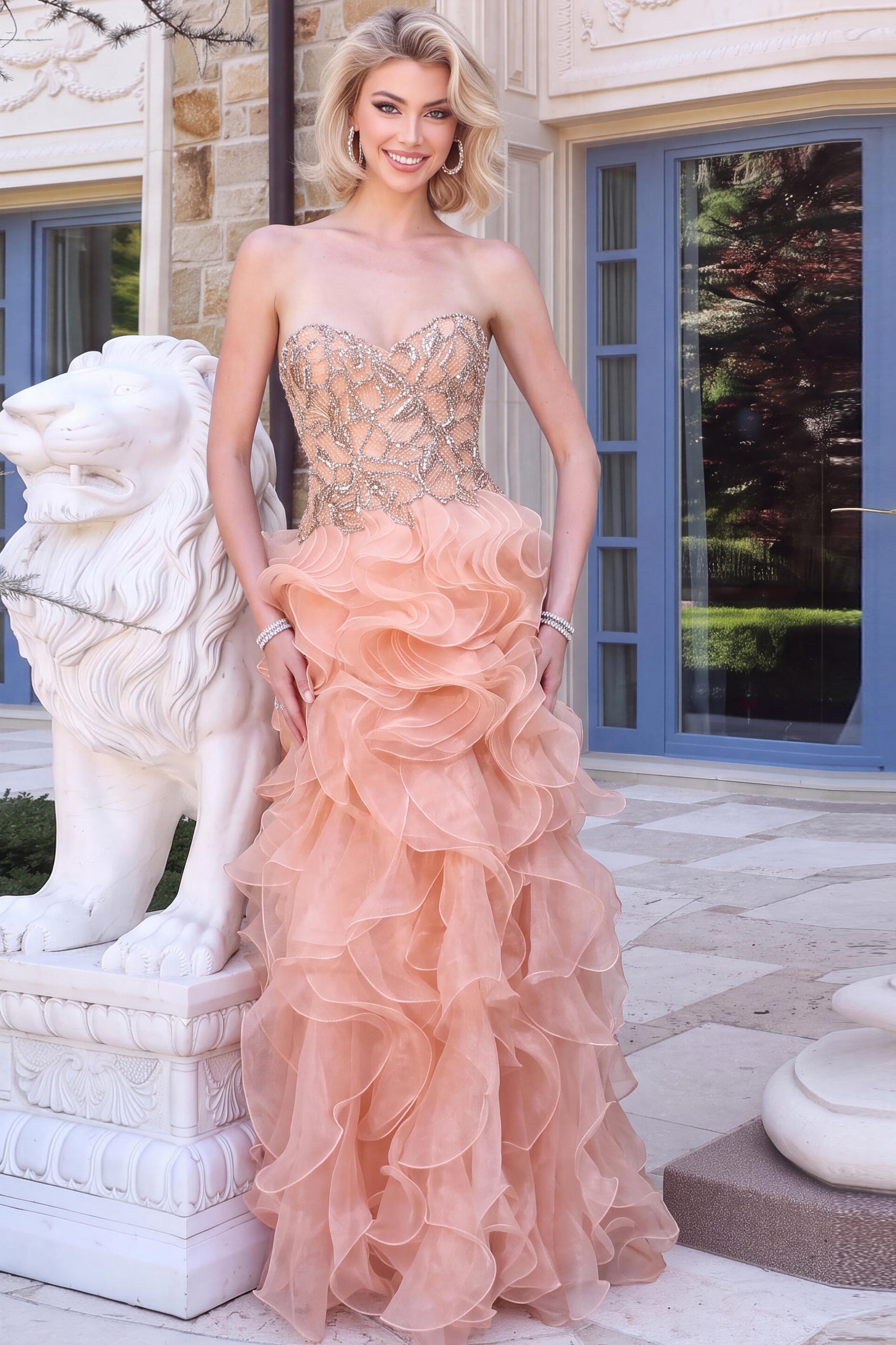 Strapless Beaded Ruffle Gown 48746