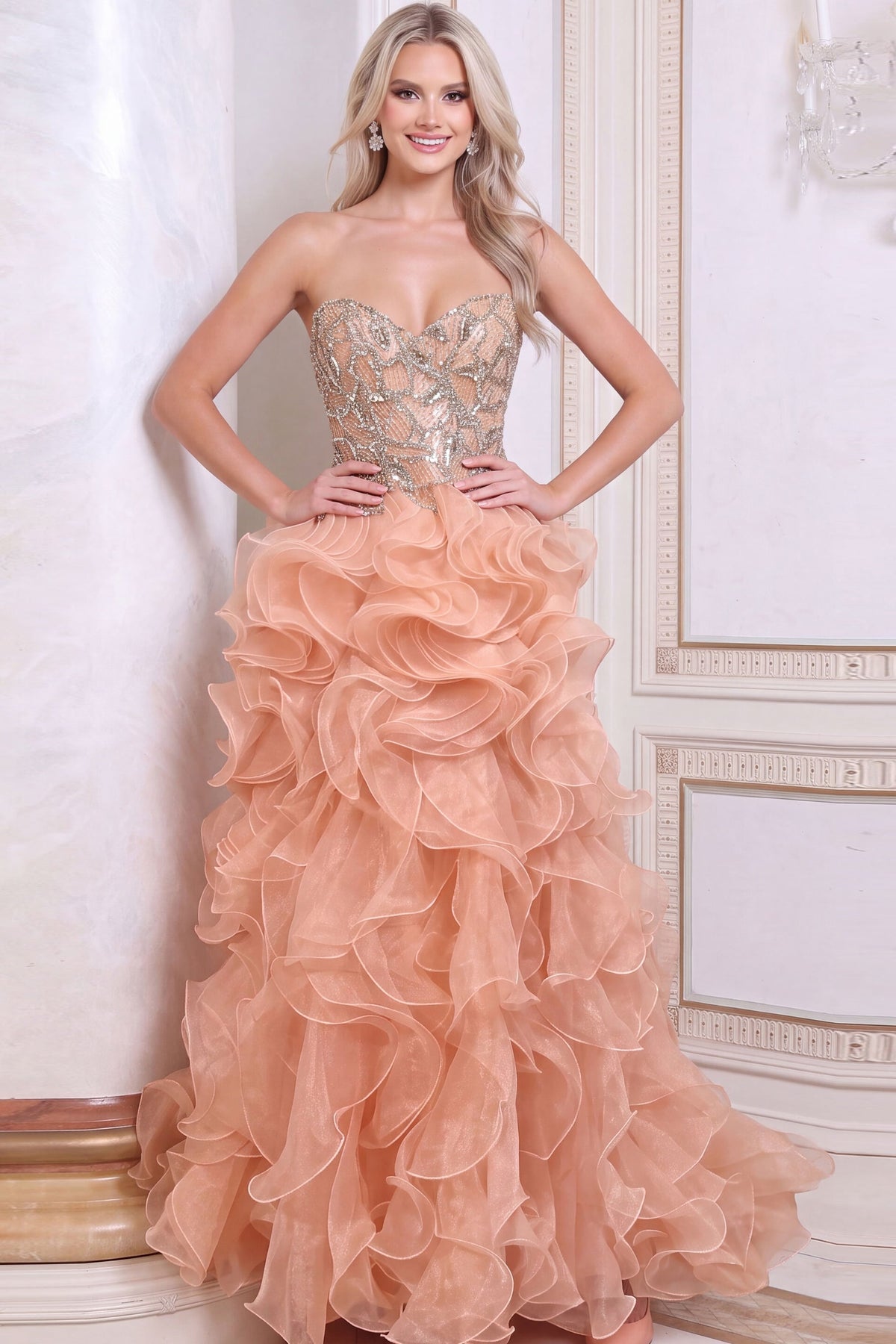 Strapless Beaded Ruffle Gown 48746