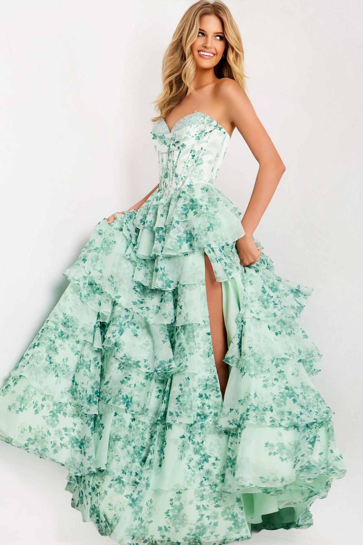 Prom Dresses Floral Print Long Formal A Line Corset Prom Dress Green/Print