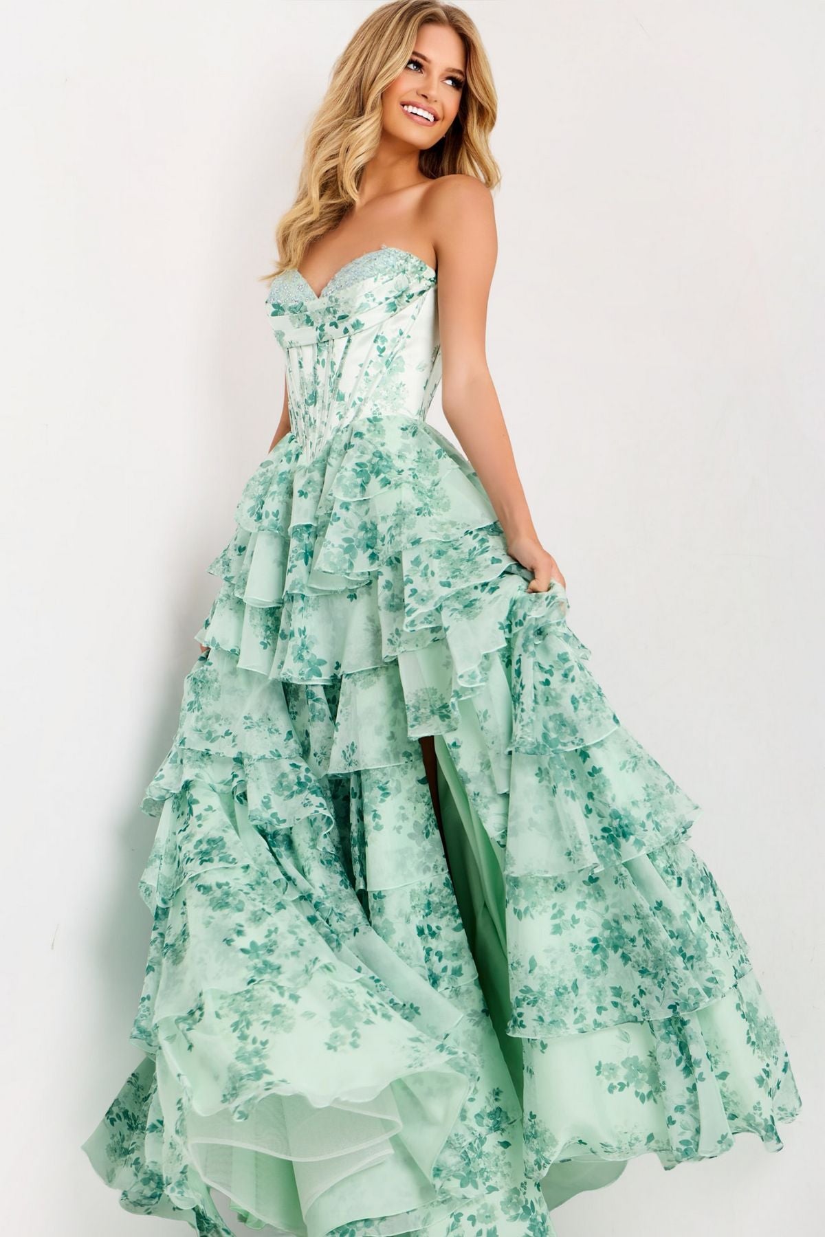Prom Dresses Floral Print Long Formal A Line Corset Prom Dress Green/Print