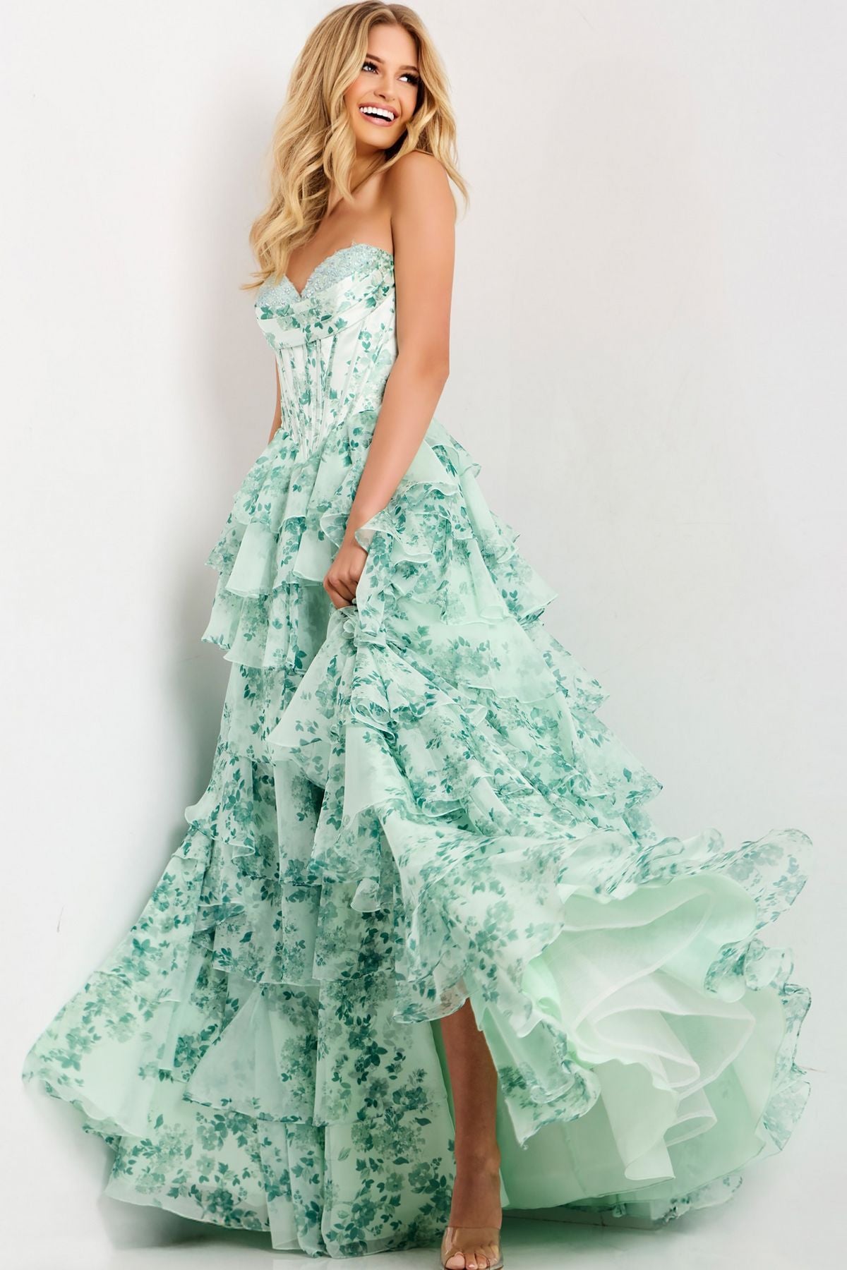 Prom Dresses Floral Print Long Formal A Line Corset Prom Dress Green/Print