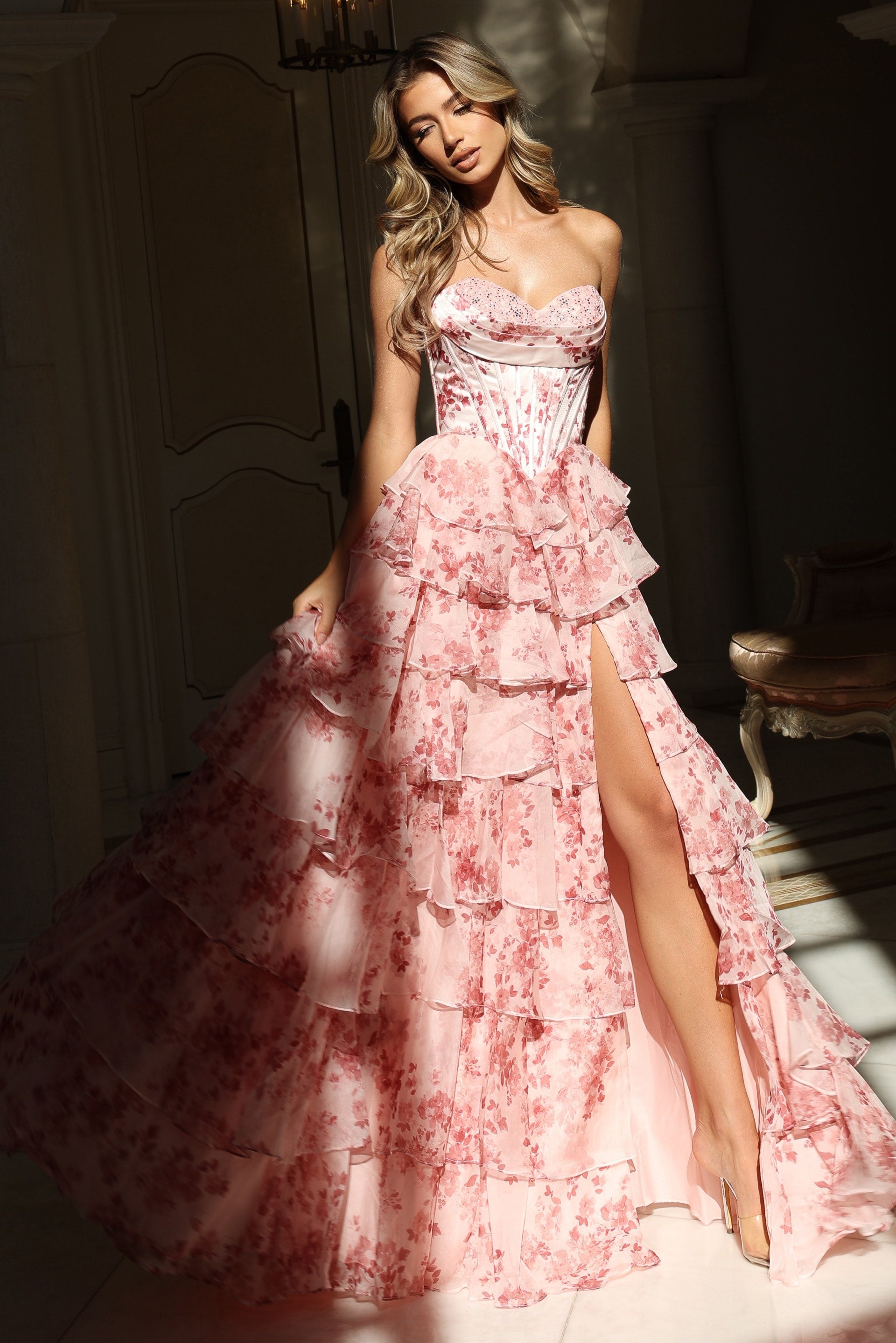 Prom Dresses Floral Print Long Formal A Line Corset Prom Dress Blush Print