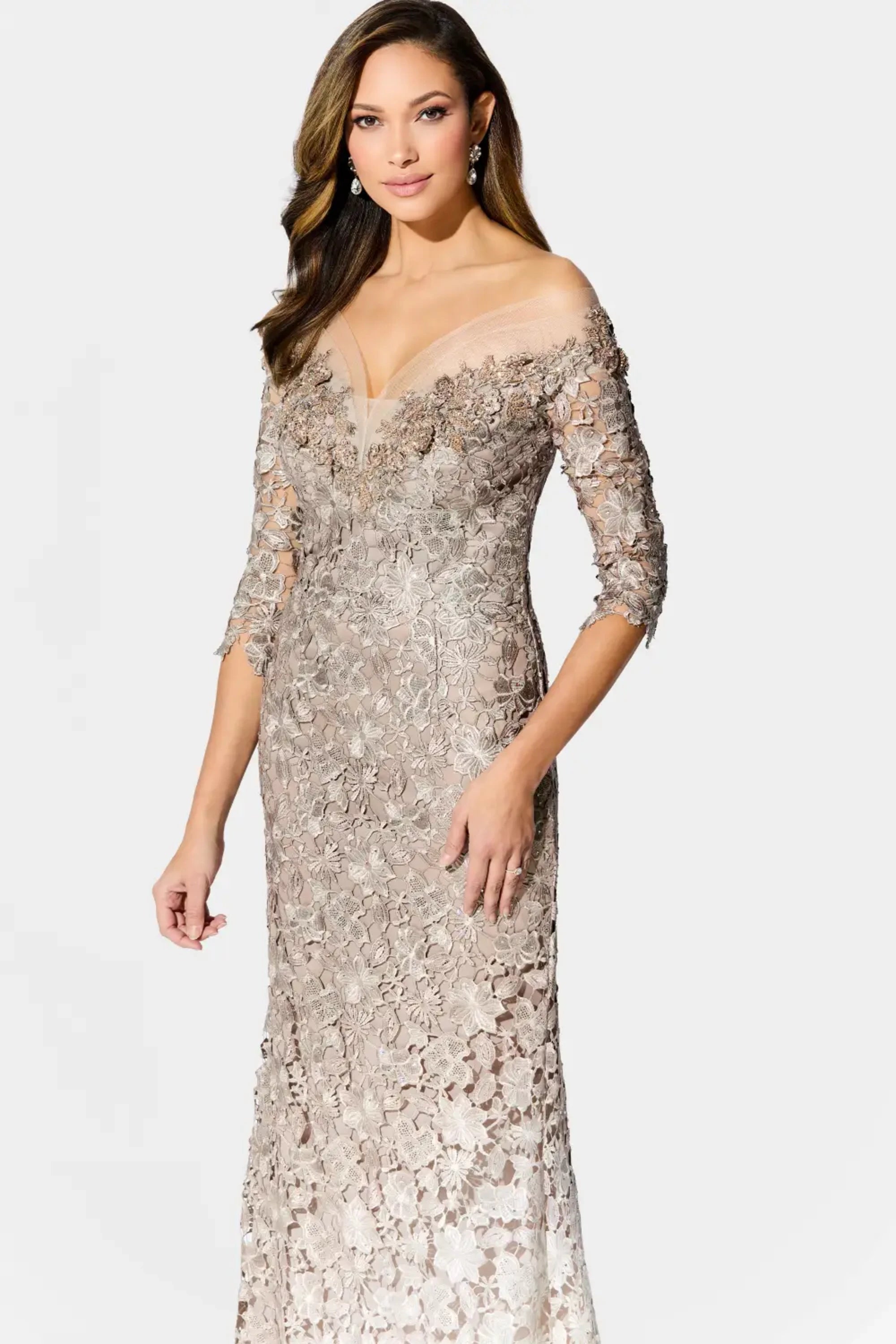 Formal Dresses Long Formal Beaded Lace Ombre Evening Gown Gold Ivory Ombre