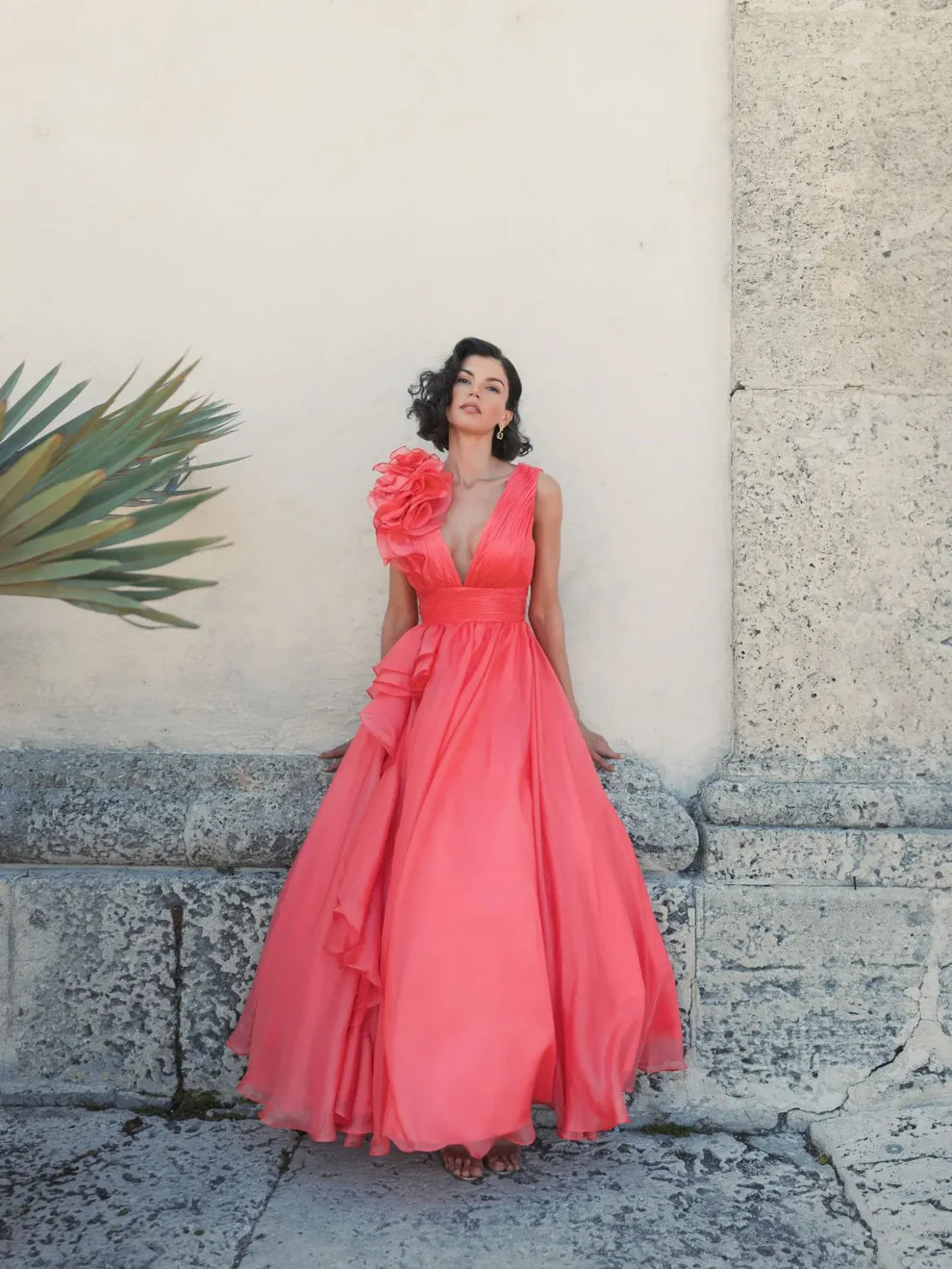 Formal Dresses Prom Long Ruffled Ball Gown Coral