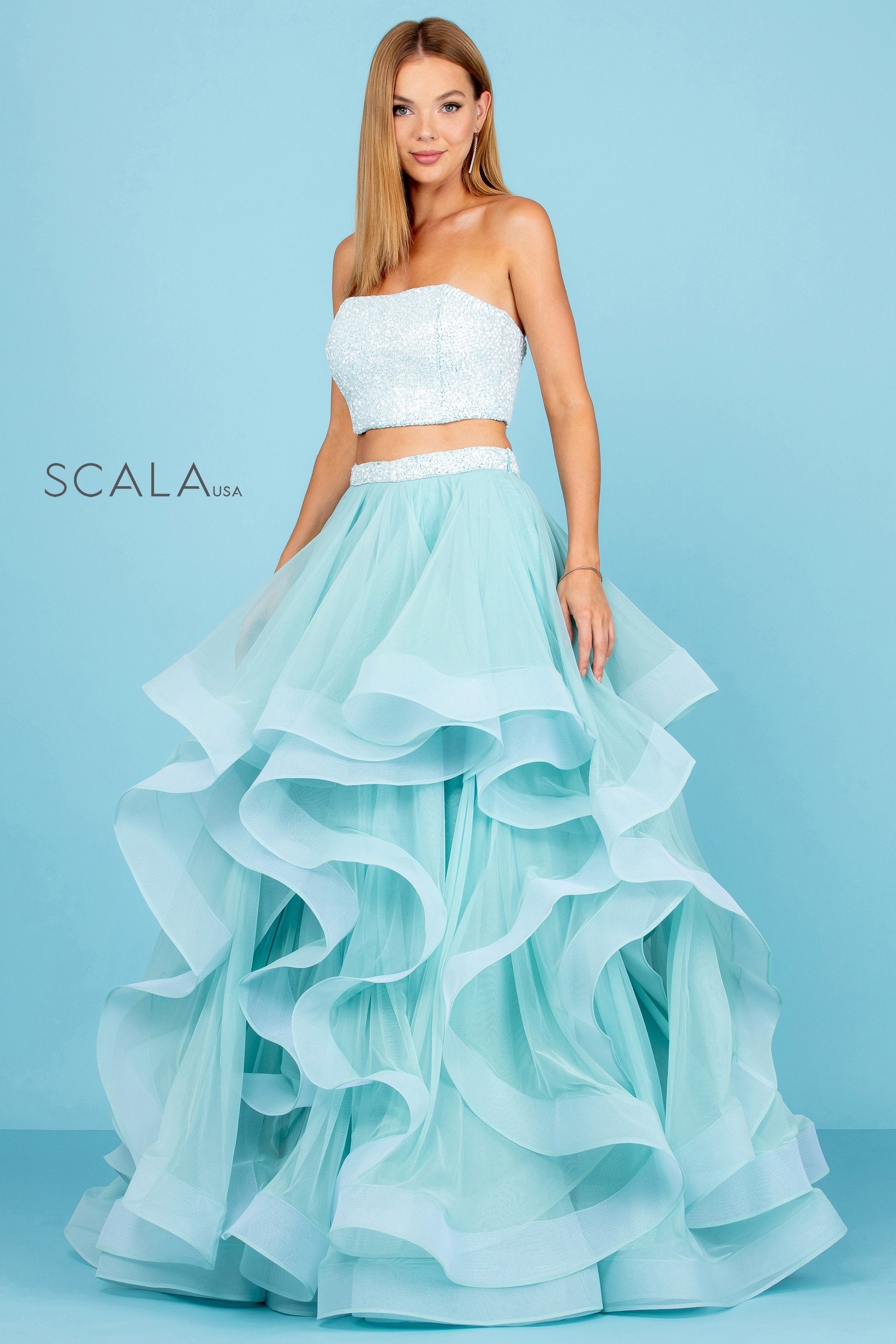 Prom Dresses Long Ball Gown Two Piece Formal Beaded Ruffle Prom Dress Turquoise/Ivory
