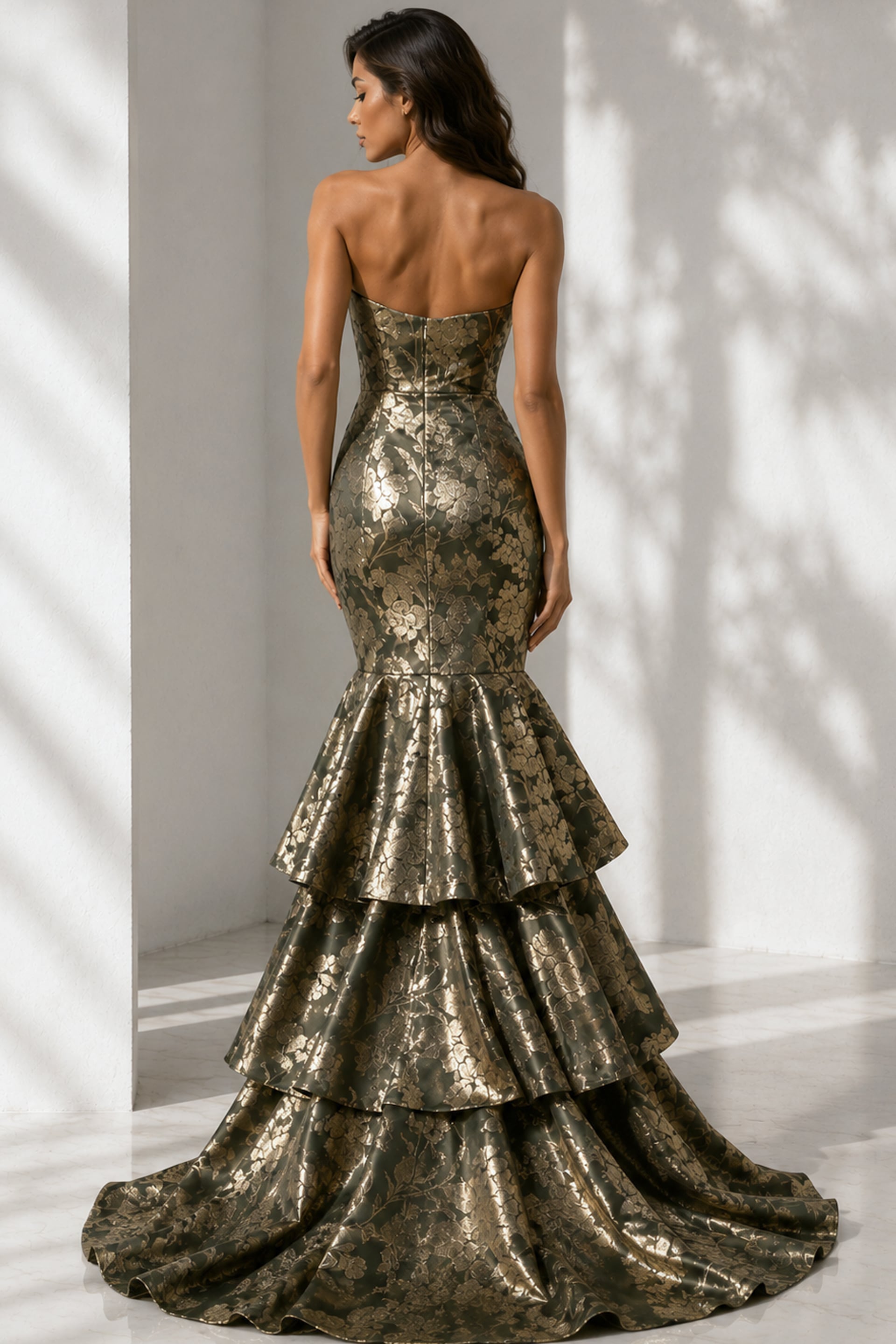 Olive/Gold Strapless Floor-Length Jacquard Formal Dress Tiered Mermaid Gown with Shawl Jovani 49031