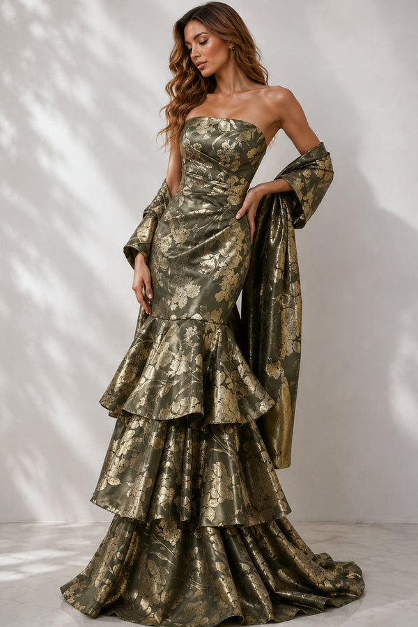 Strapless Floor-Length Jacquard Formal Dress Tiered Mermaid Gown with Shawl Jovani 49031