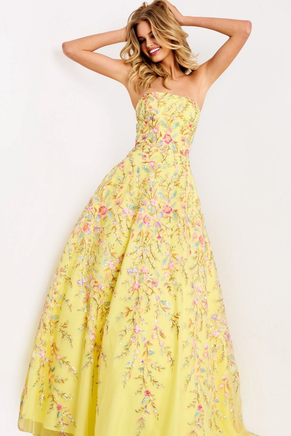 Prom Dresses Ball Gown Long Formal Floral Prom Dress Yellow