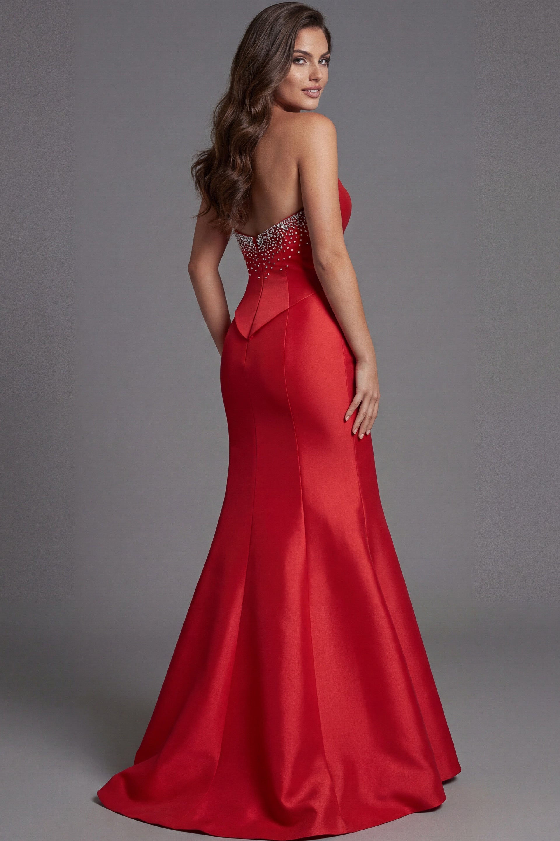 Red Strapless Sweetheart Floor-Length Stretch Satin Pageant Mermaid Gown Jovani 49076