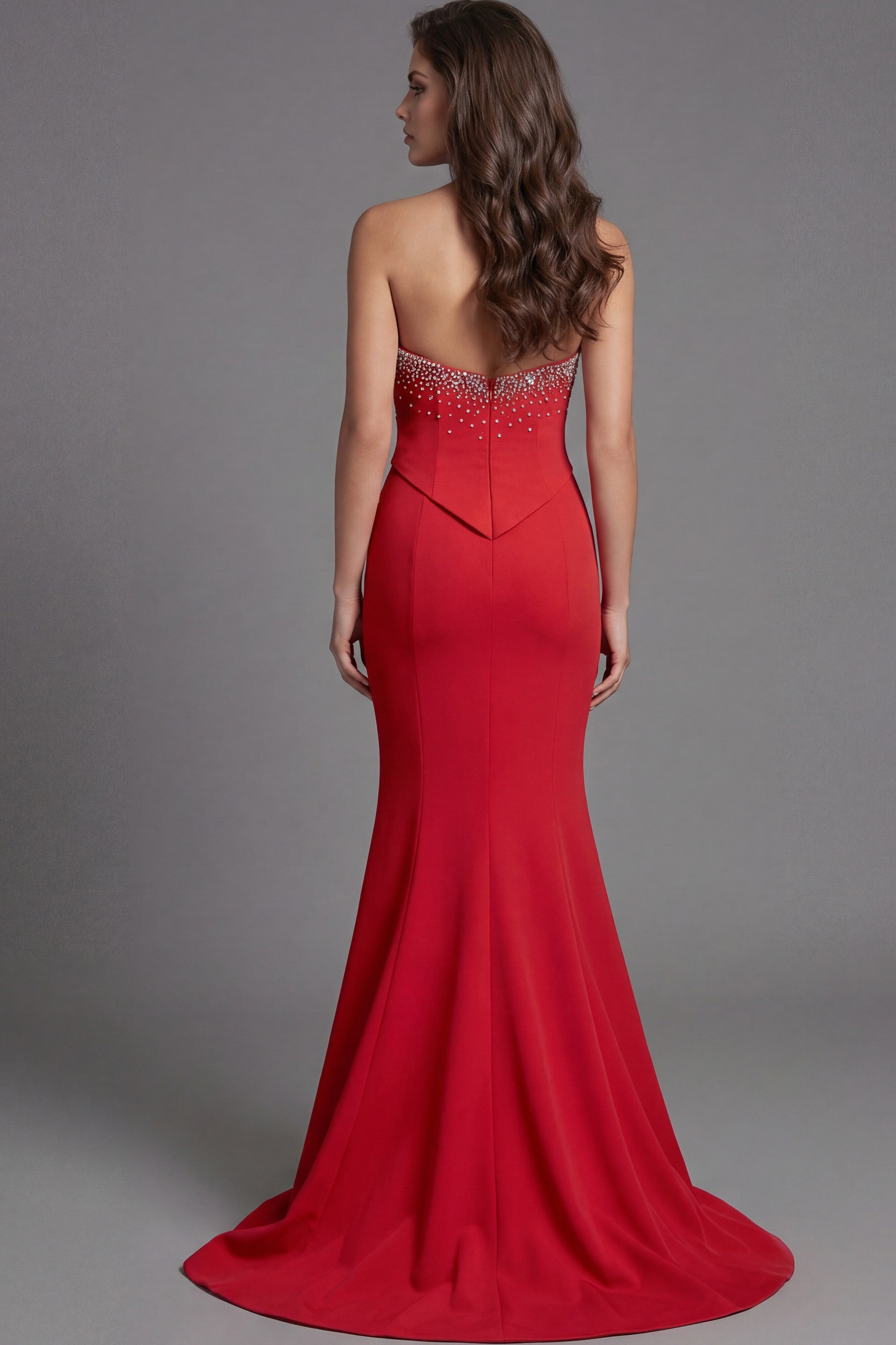 Red Strapless Sweetheart Floor-Length Stretch Satin Pageant Mermaid Gown Jovani 49076