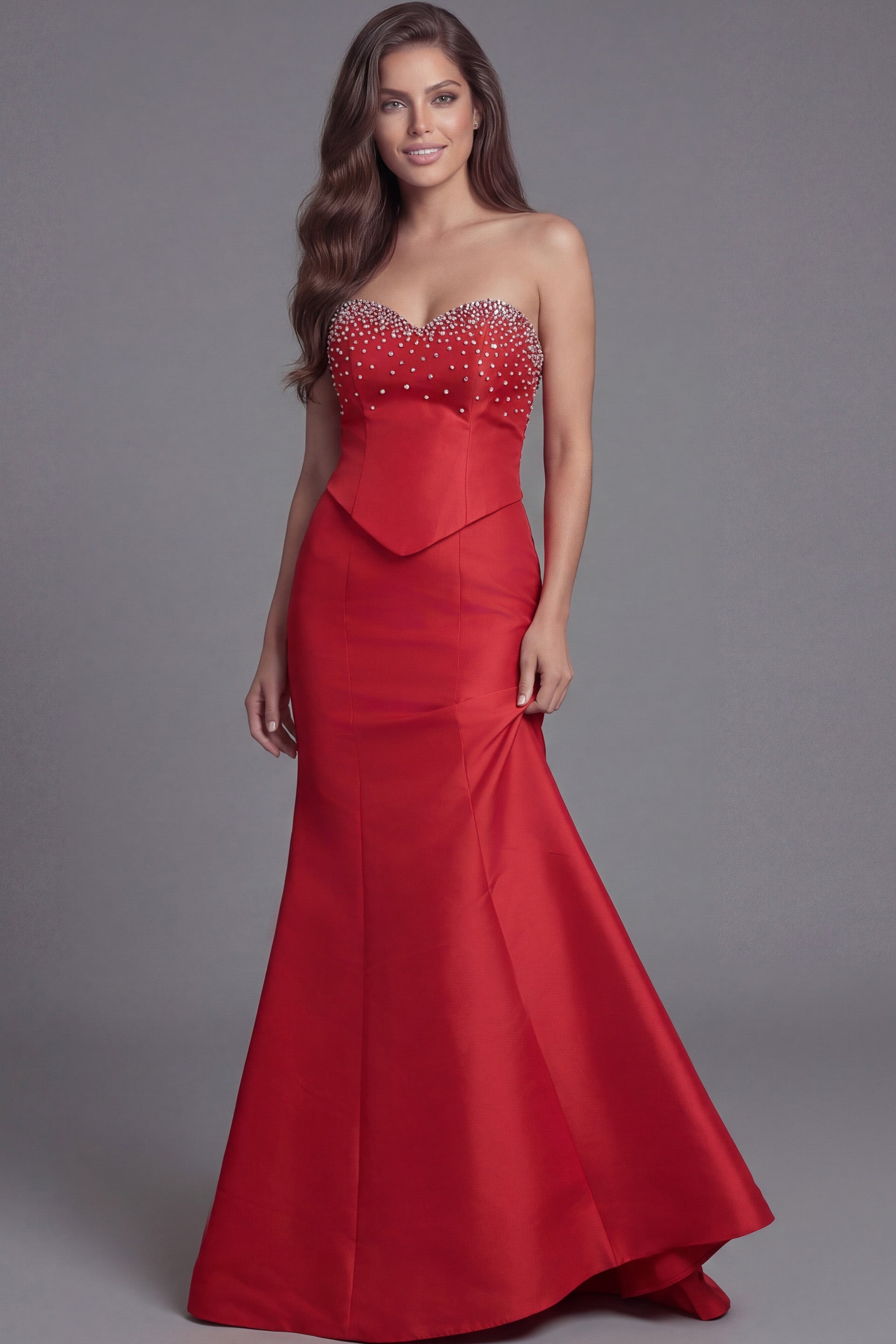 Red Strapless Sweetheart Floor-Length Stretch Satin Pageant Mermaid Gown Jovani 49076