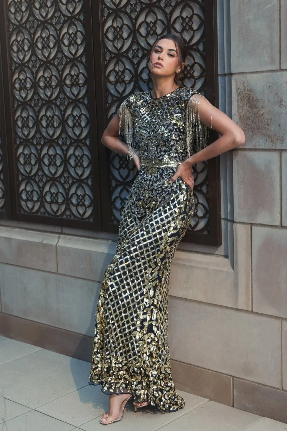 mac duggal black and gold dress Women's Beaded Fringe Gown - Sage multi q Models are wearing Black Calvin Klein Ribbed Knit Size:38X31