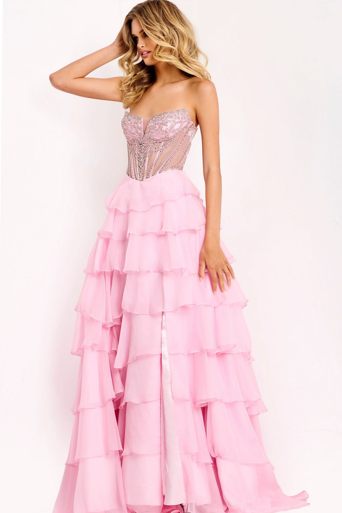 Prom Dresses Beaded Long Formal Ruffle Prom Dress Light-Pink